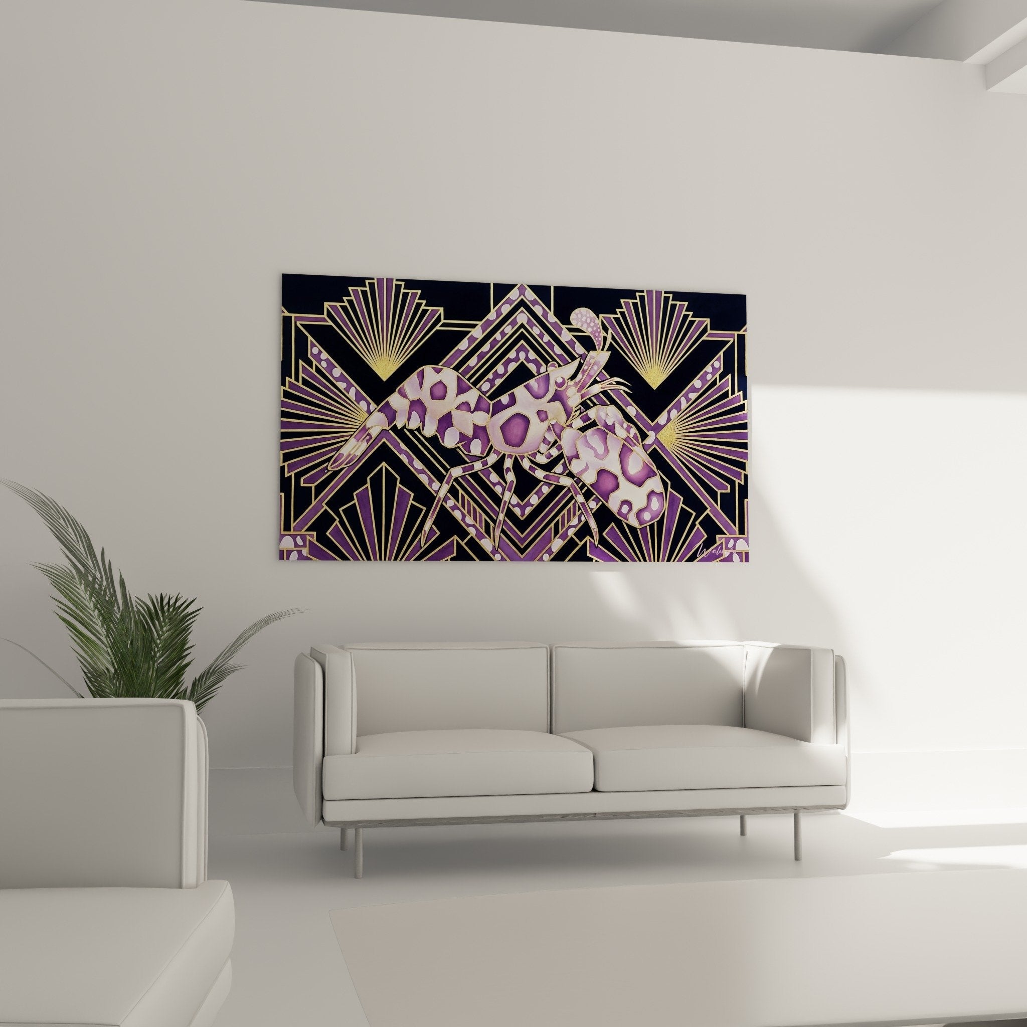 Garnelenmuster mit violetten geometrischen Ornamenten, goldenen Verzierungen, Art-Deco-Motiven und Rautenmustern Garnelen-Edition