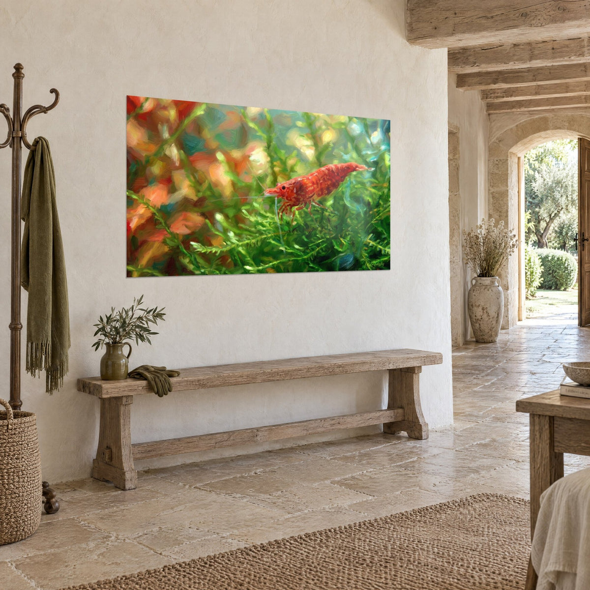 Obraz szkarłatny skorupiak siedzący na szmaragdowych gałązkach glonów, bokeh pomarańczowe i turkusowe, kamienny mur i drewniana ławka