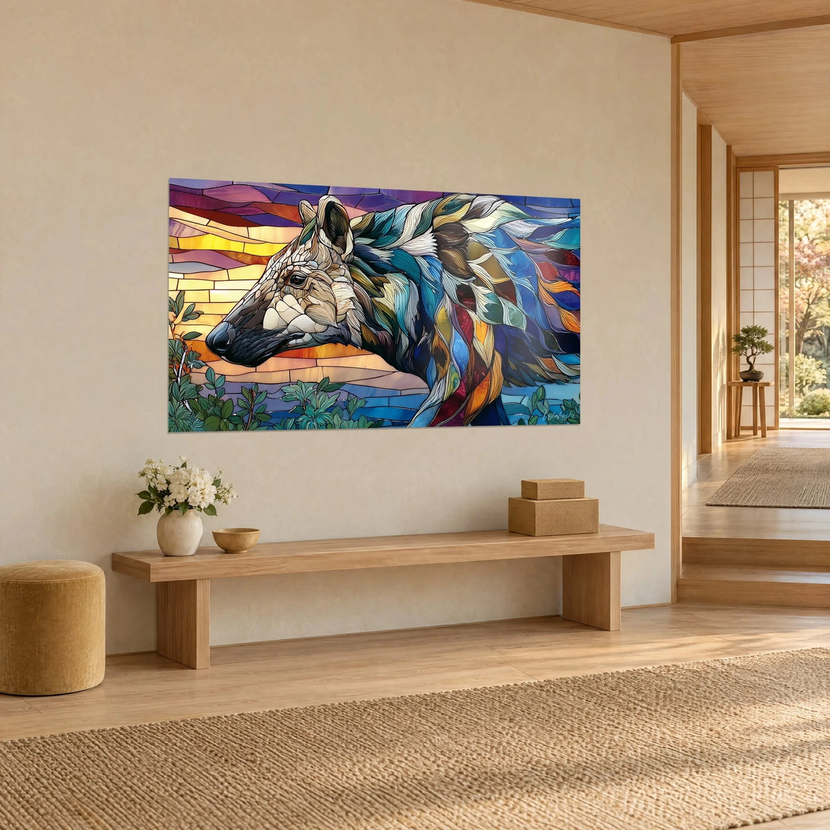 Tableau Andrewsarchus de profil, museau gris sombre et crinière turquoise, ciel ambre et pourpre, sur un mur beige japandi