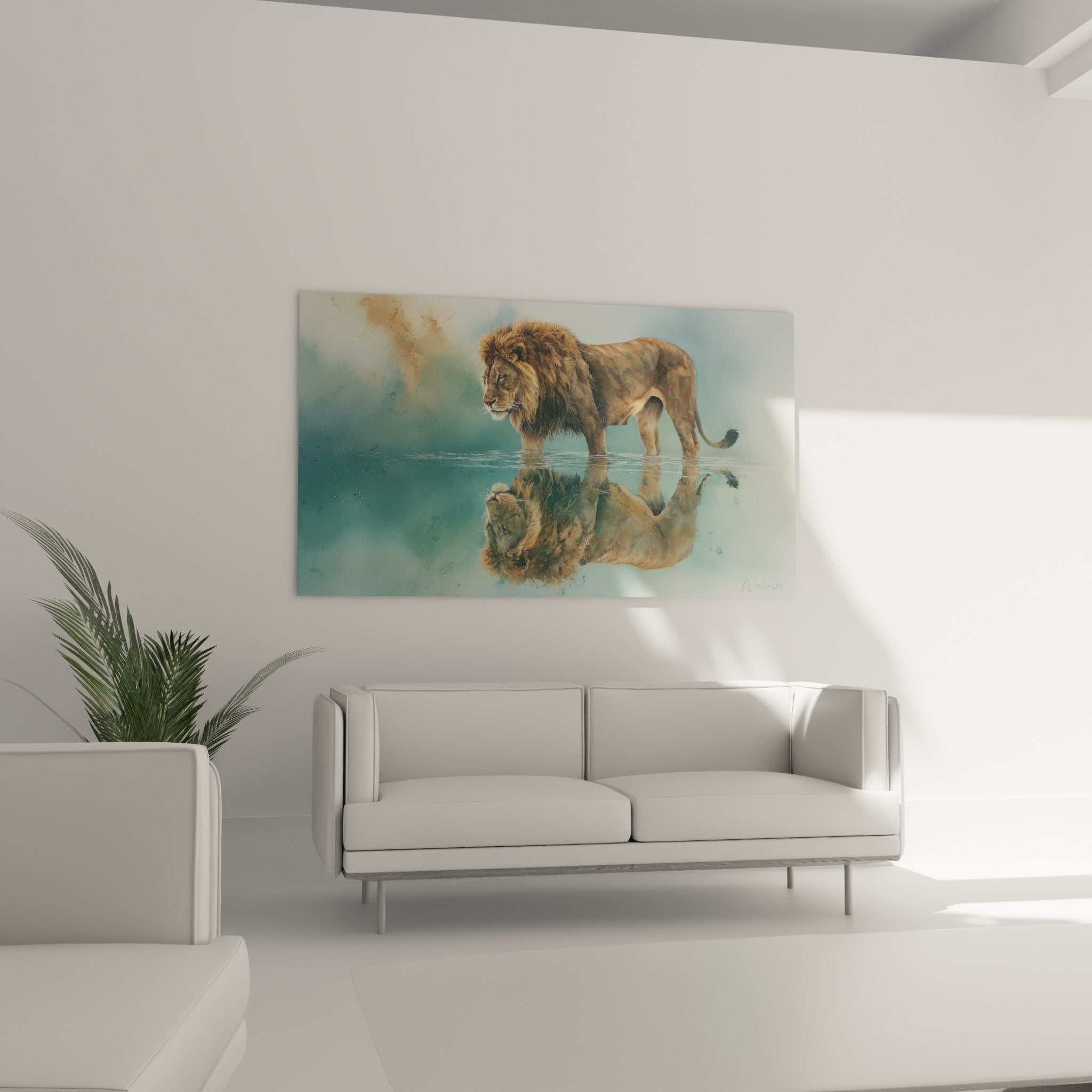 Detail lion fauve criniere doree reflets aquatiques peinture aquarelle realiste