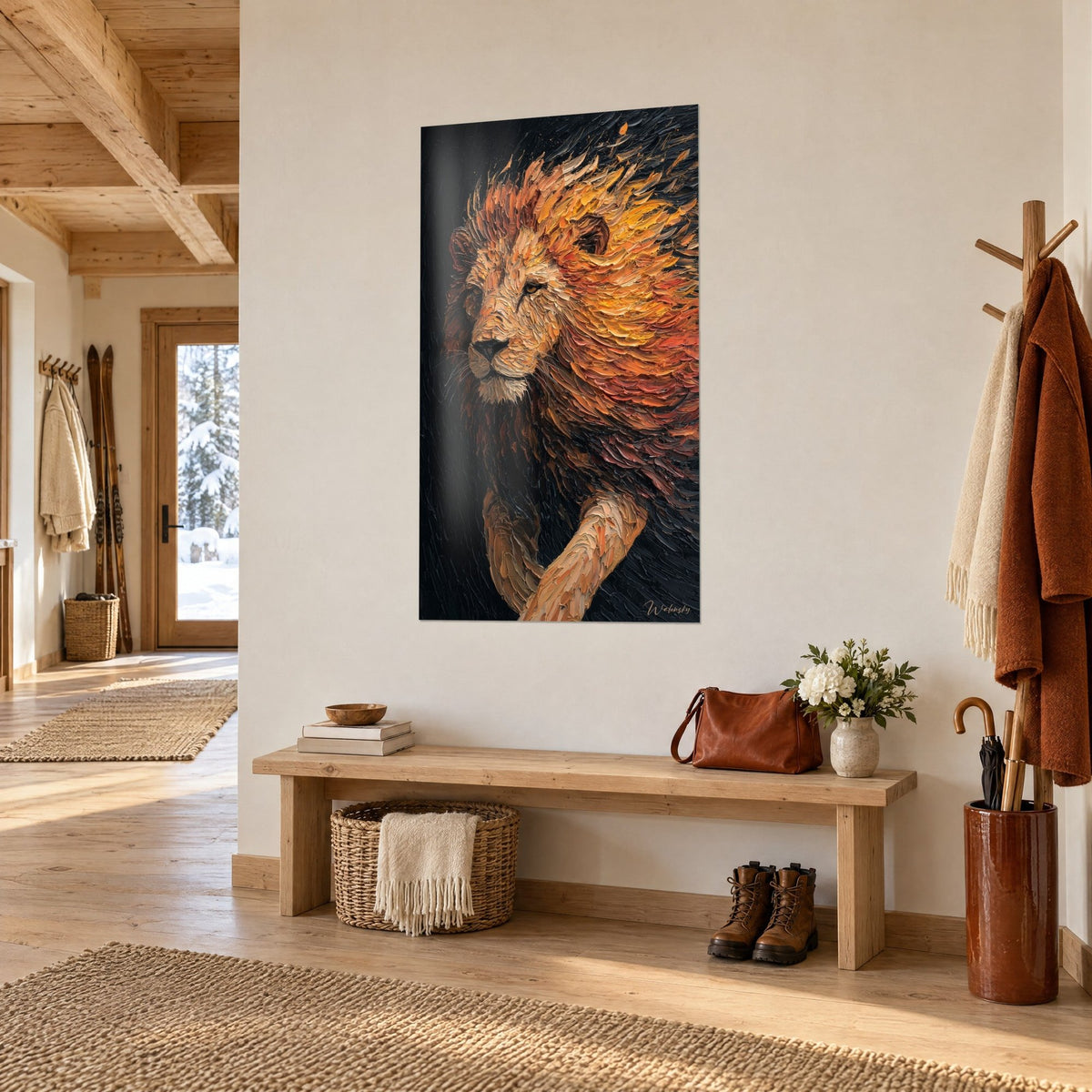 Gemälde König der Raubkatzen, Mähne in Kupfer und Bernstein mit dicken Spachtelstrichen, Chalet-Eingang aus hellem Holz, Holzbank