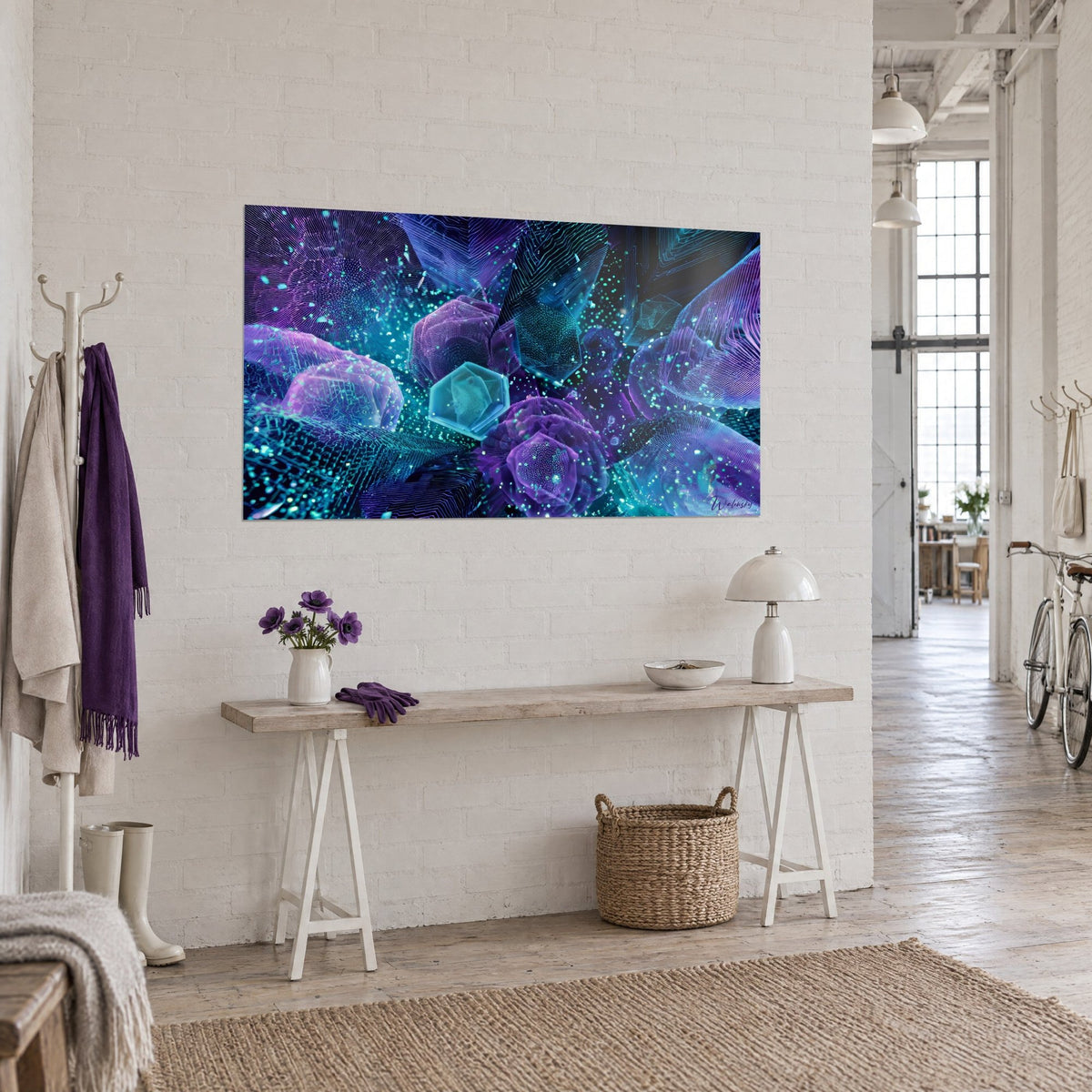 Tableau gemmes translucides cernées de fines lignes bleues, fond nuit étoilé de particules cyan, dans un loft clair vu de biais