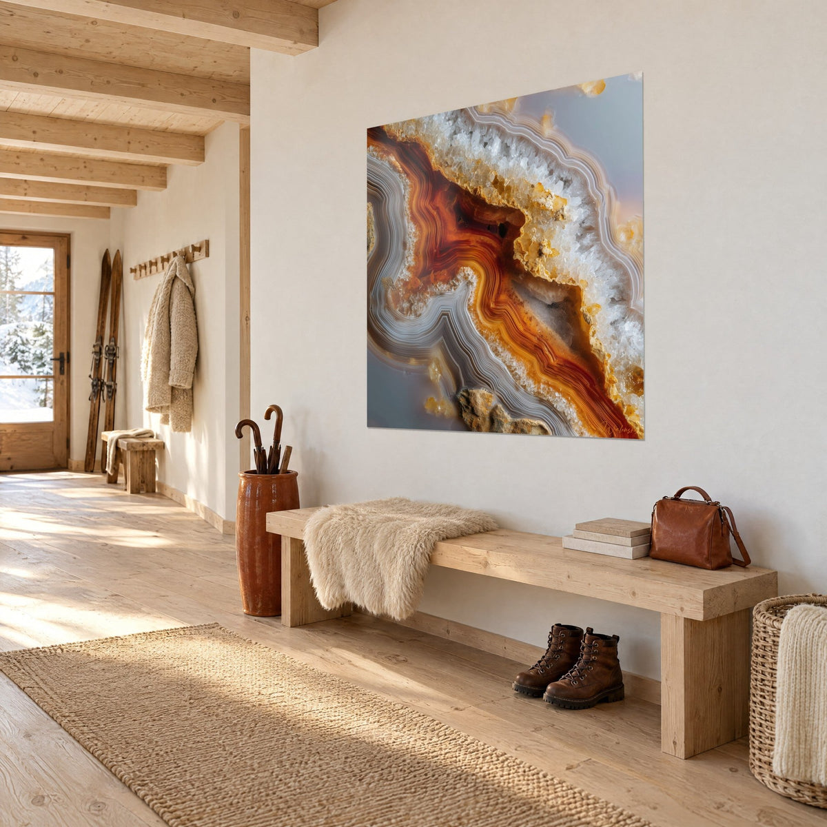 Wall art stone slice with rust and pearl grey layers, hung above a wooden bench in a chalet hallway