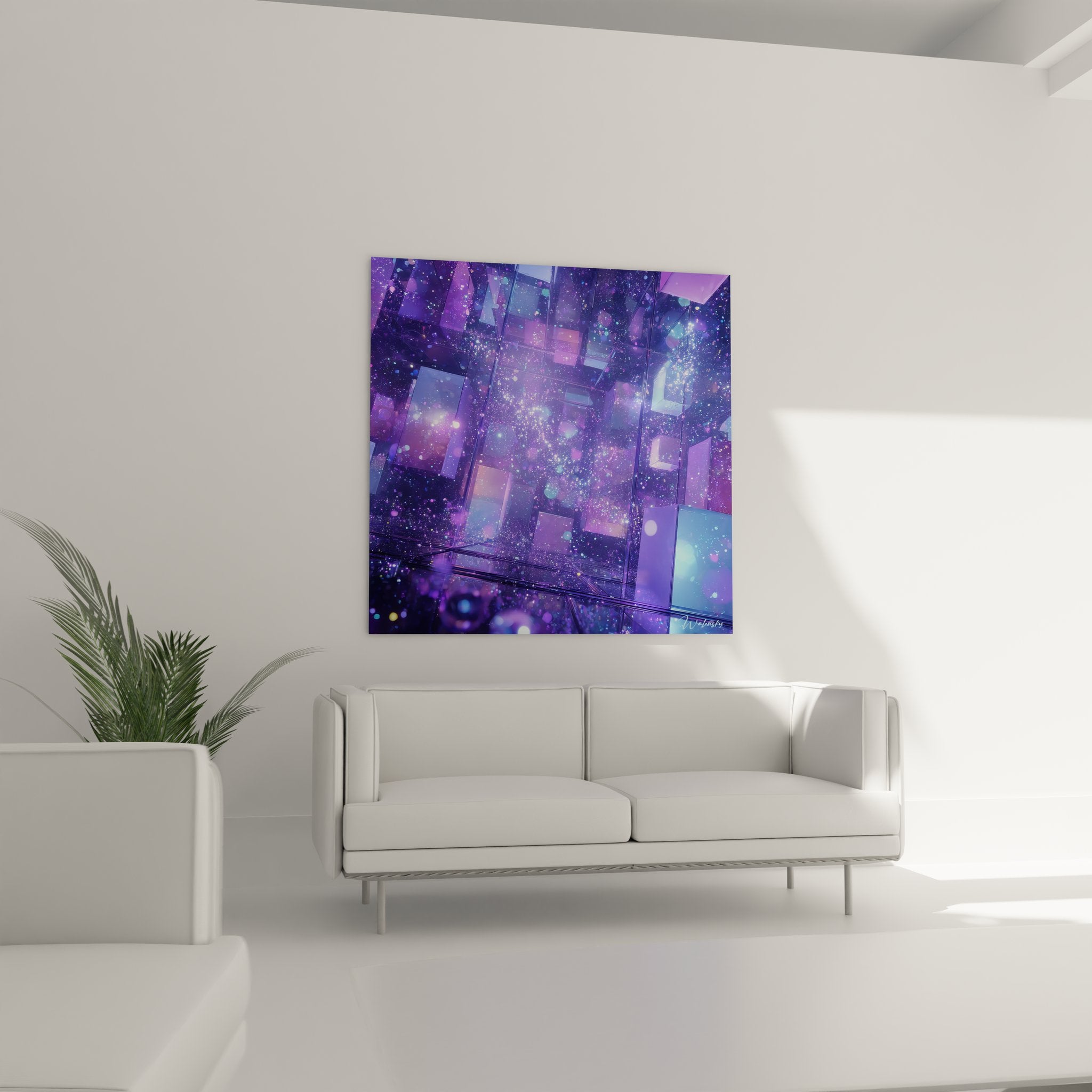 Détail cubes cristallins transparents reflets violets bleus particules lumineuses art futurisme abstrait