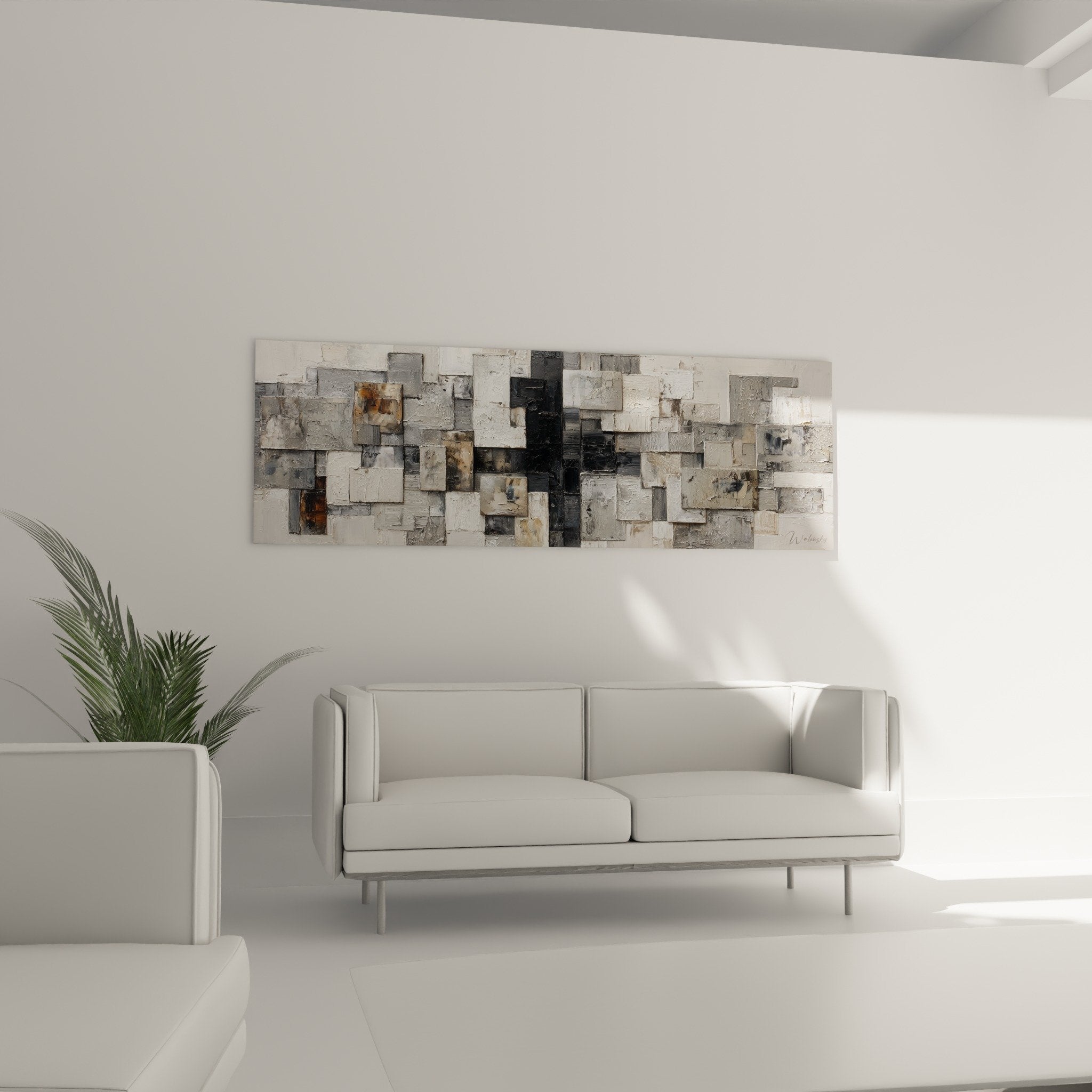 detail sculpted cubes varied textures gray white ochre relief shadows light abstract artwork