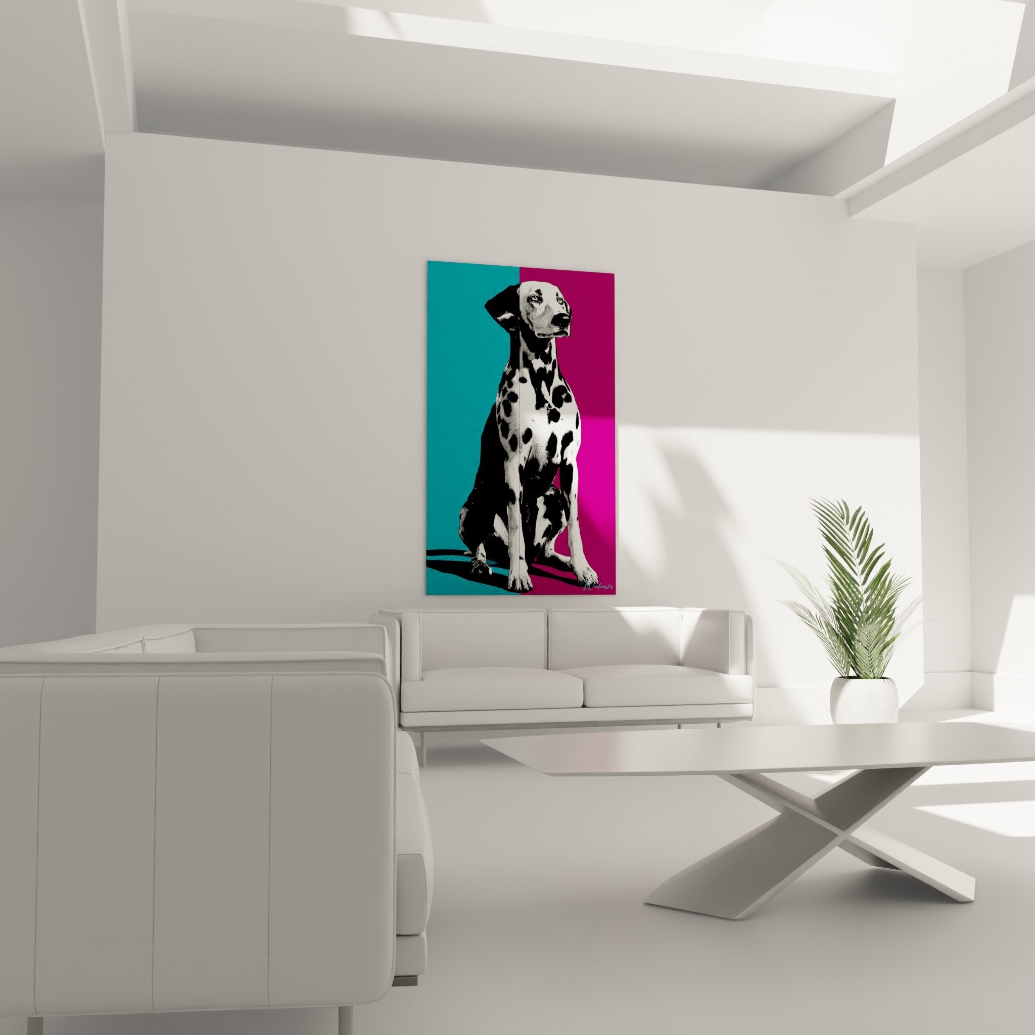 Detail portrait dalmatien pop art taches noires pelage graphique moderne bicolore turquoise violet