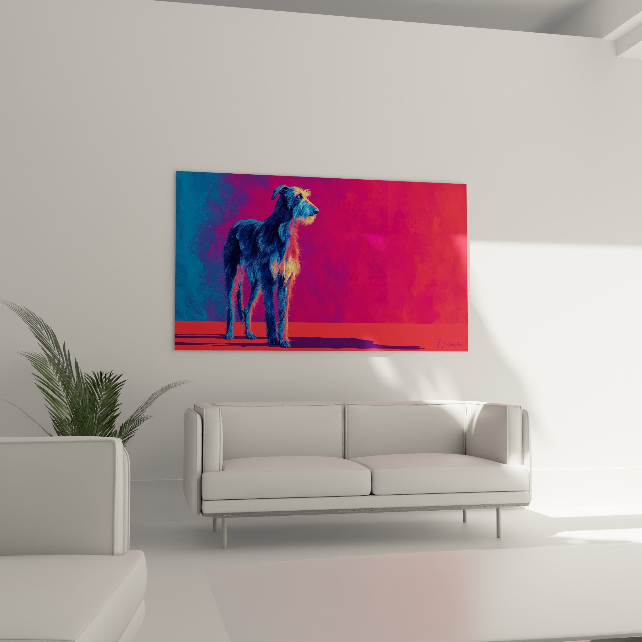 Deerhound-Gemälde Detail, Fell mit blauen und orangefarbenen Reflexen, elektrischer Neon-Stil, künstlerische Textur