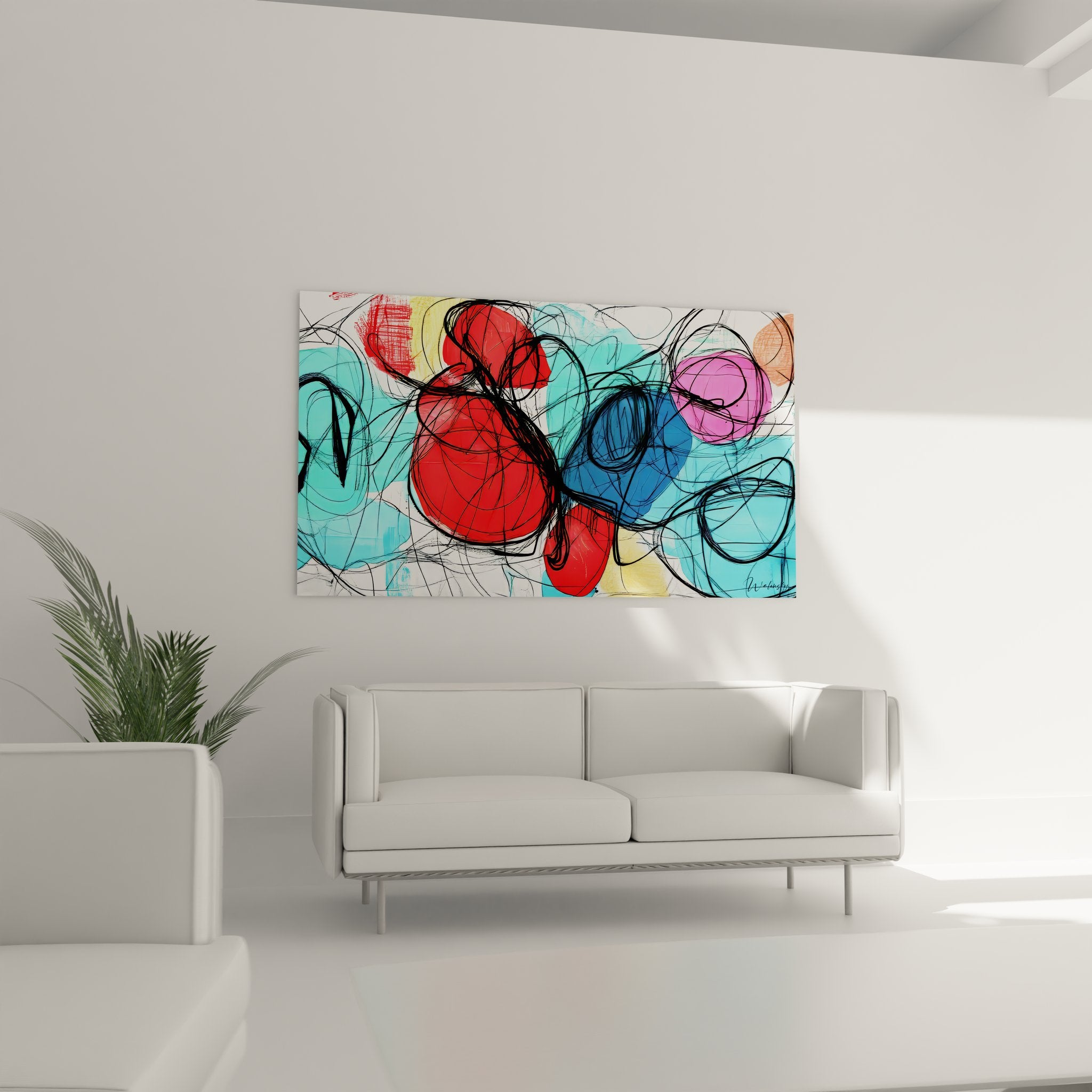 Détail du dessin abstrait montrant les textures et couleurs vives de l'œuvre