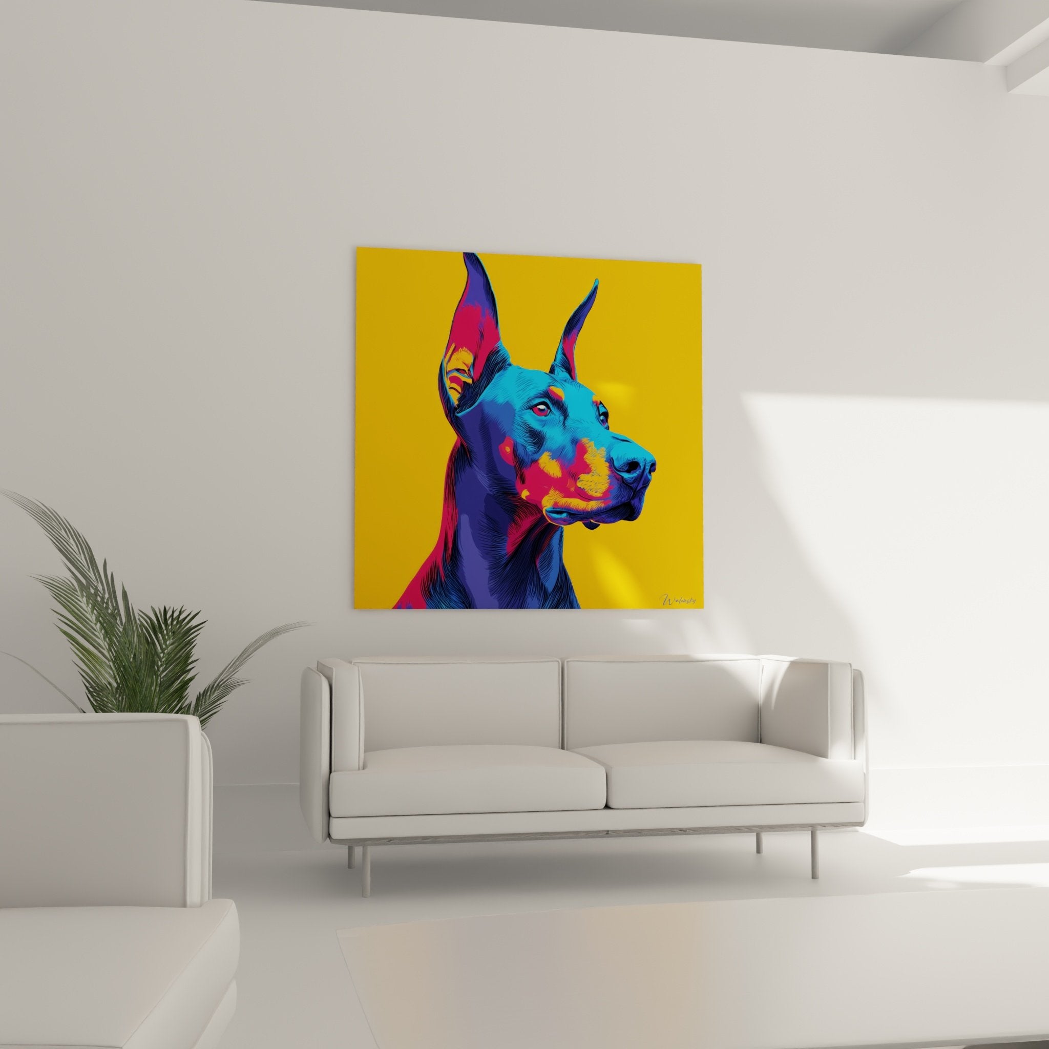 Detailporträt Dobermann elektrisches Blau durchdringende Augen künstlerische Technik gesättigte Farben