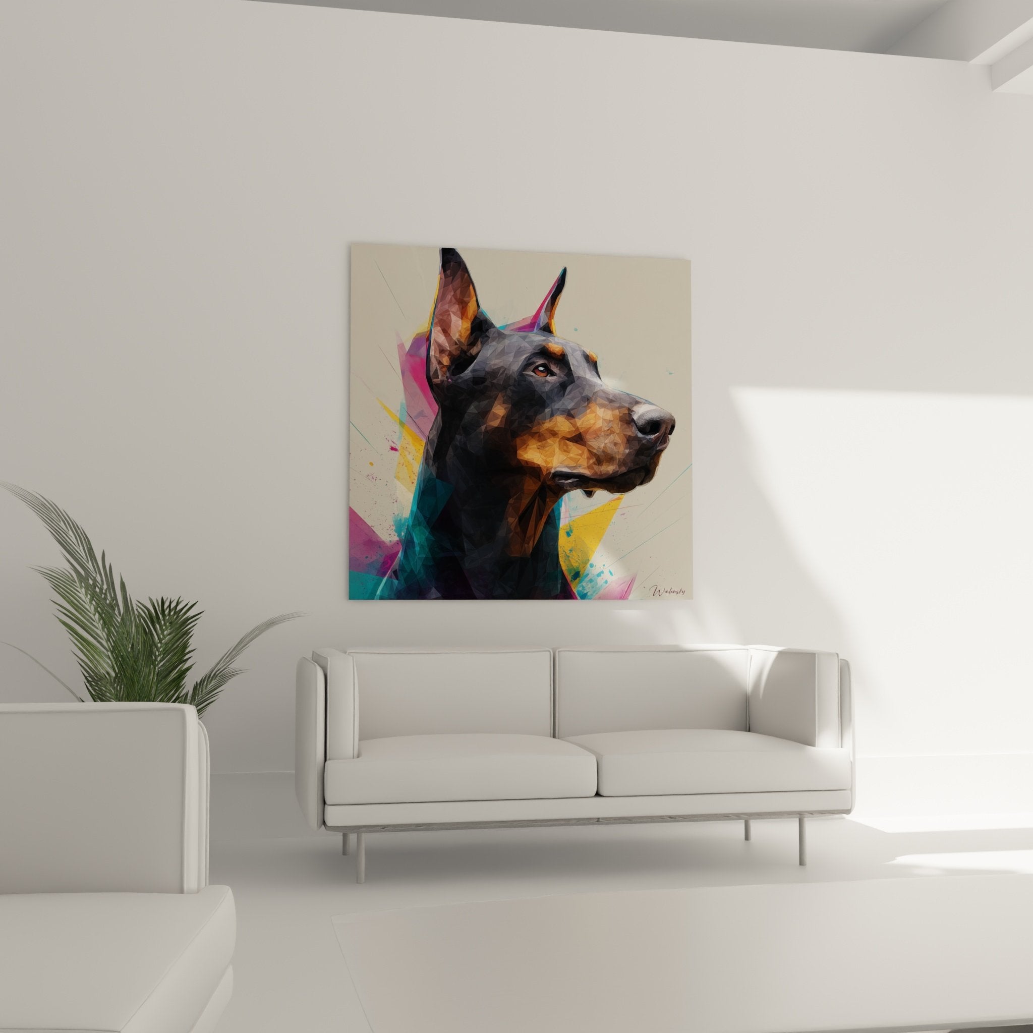 Detailed doberman portrait with colorful triangular facets polygonal technique contemporary digital art