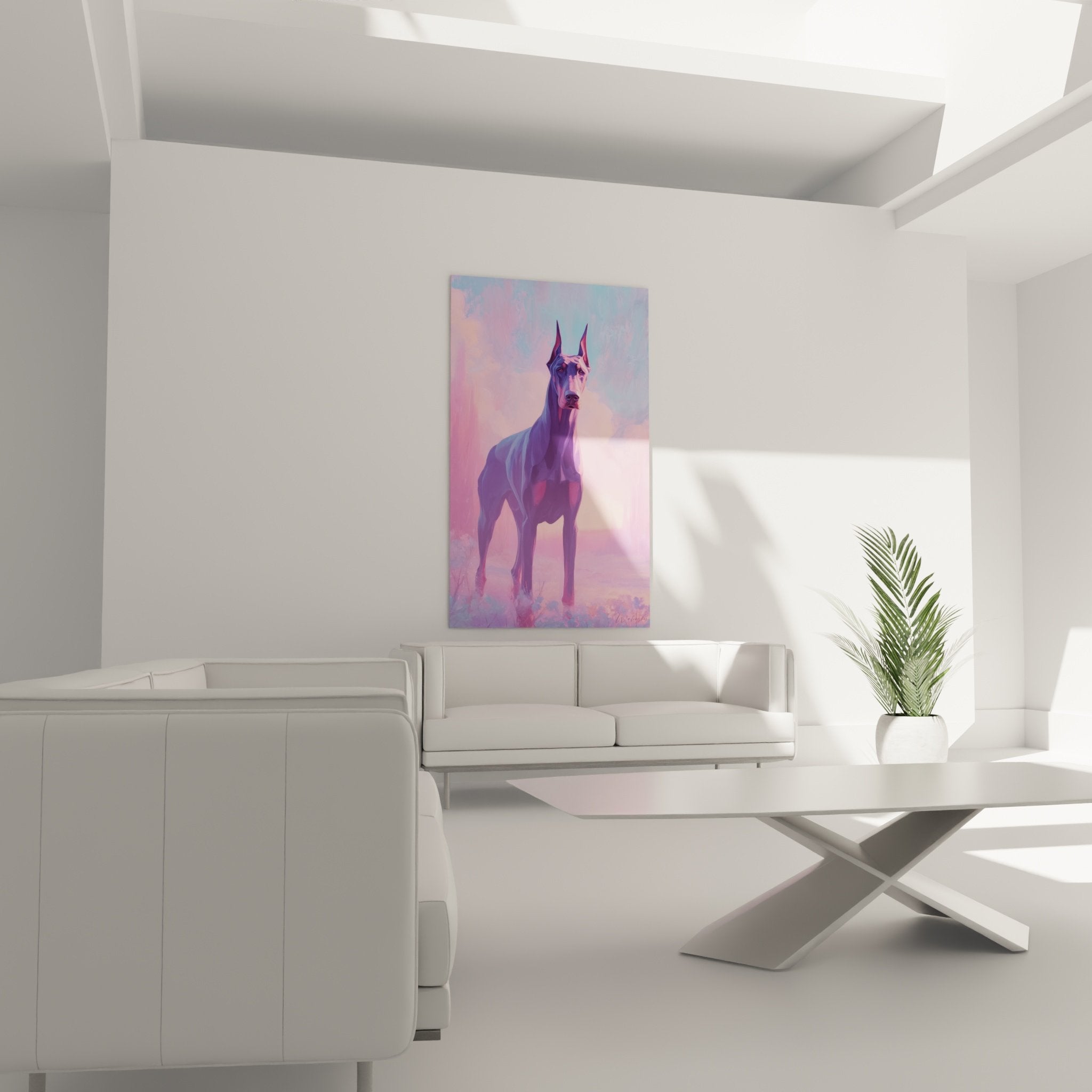 Détail du tableau Doberman montrant les facettes colorées violettes et roses, technique artistique polygonale