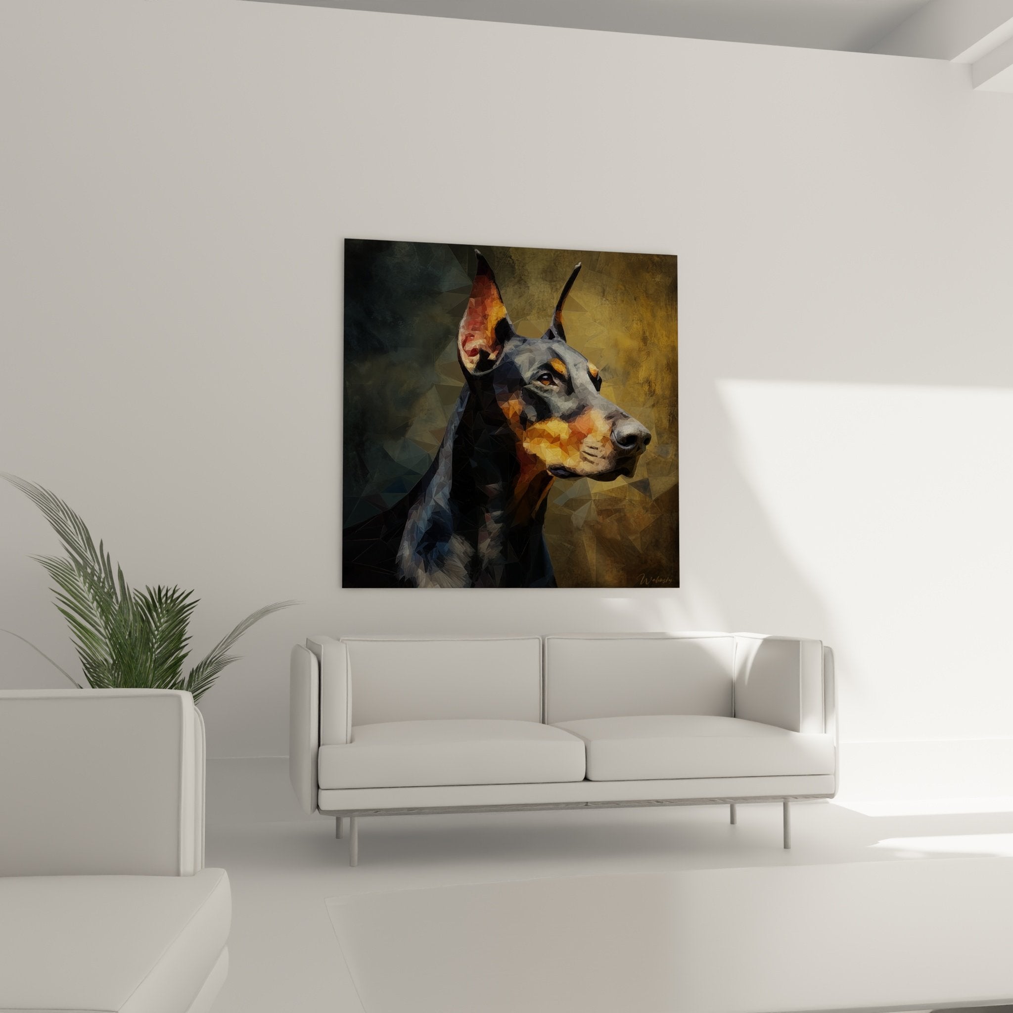 Detailporträt Dobermann polygonal, geometrische Facetten orange und grau, moderne Technik