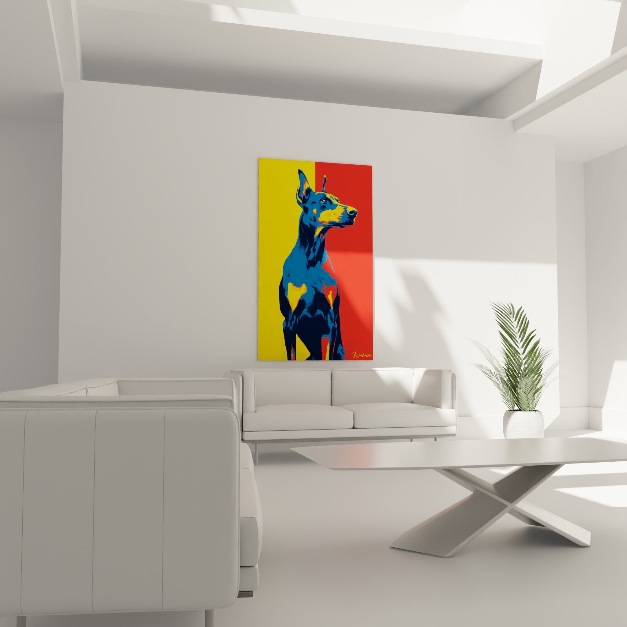 Dettaglio del ritratto Doberman blu: tecnica pittorica pop art con colori vivaci e contorni nitidi