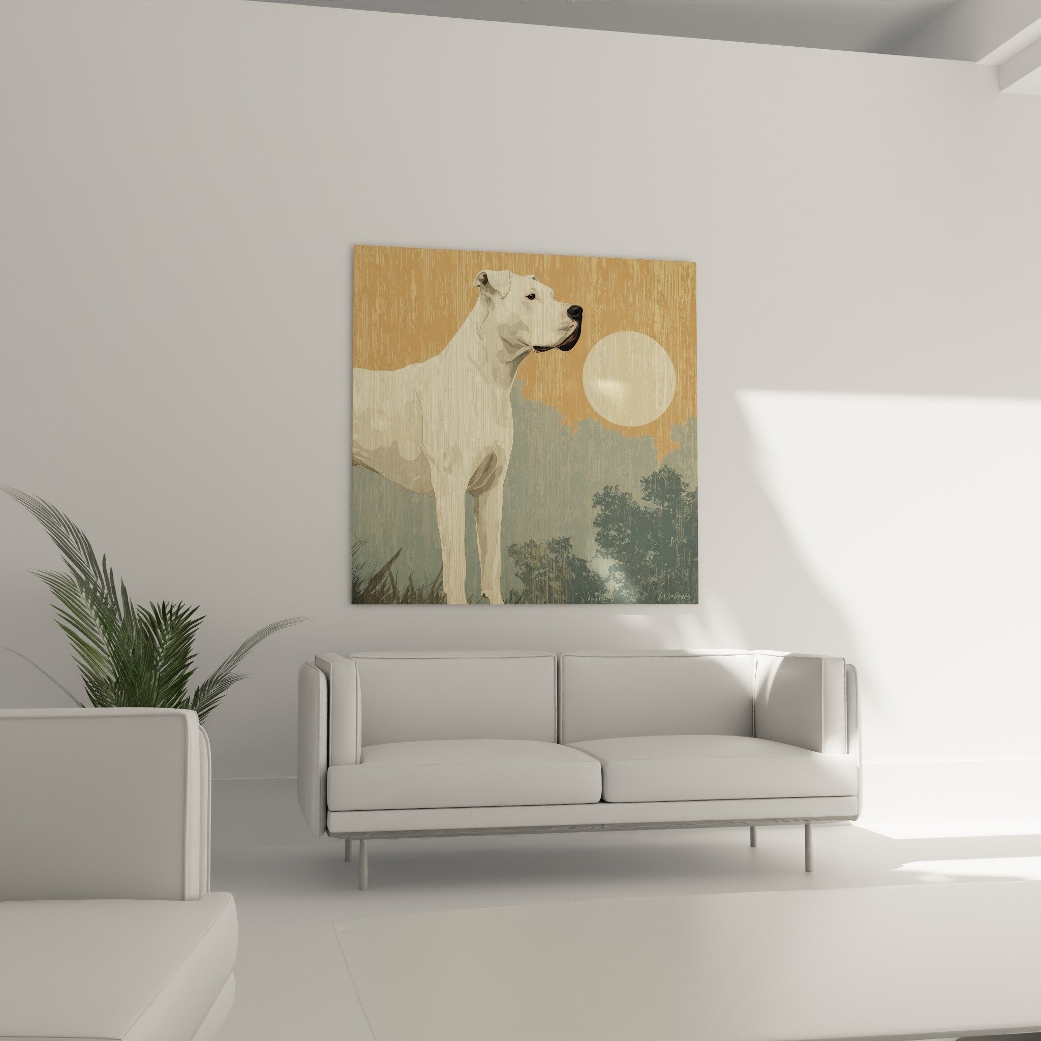 Détail tableau dogue argentin pelage blanc immaculé sur texture bois naturel