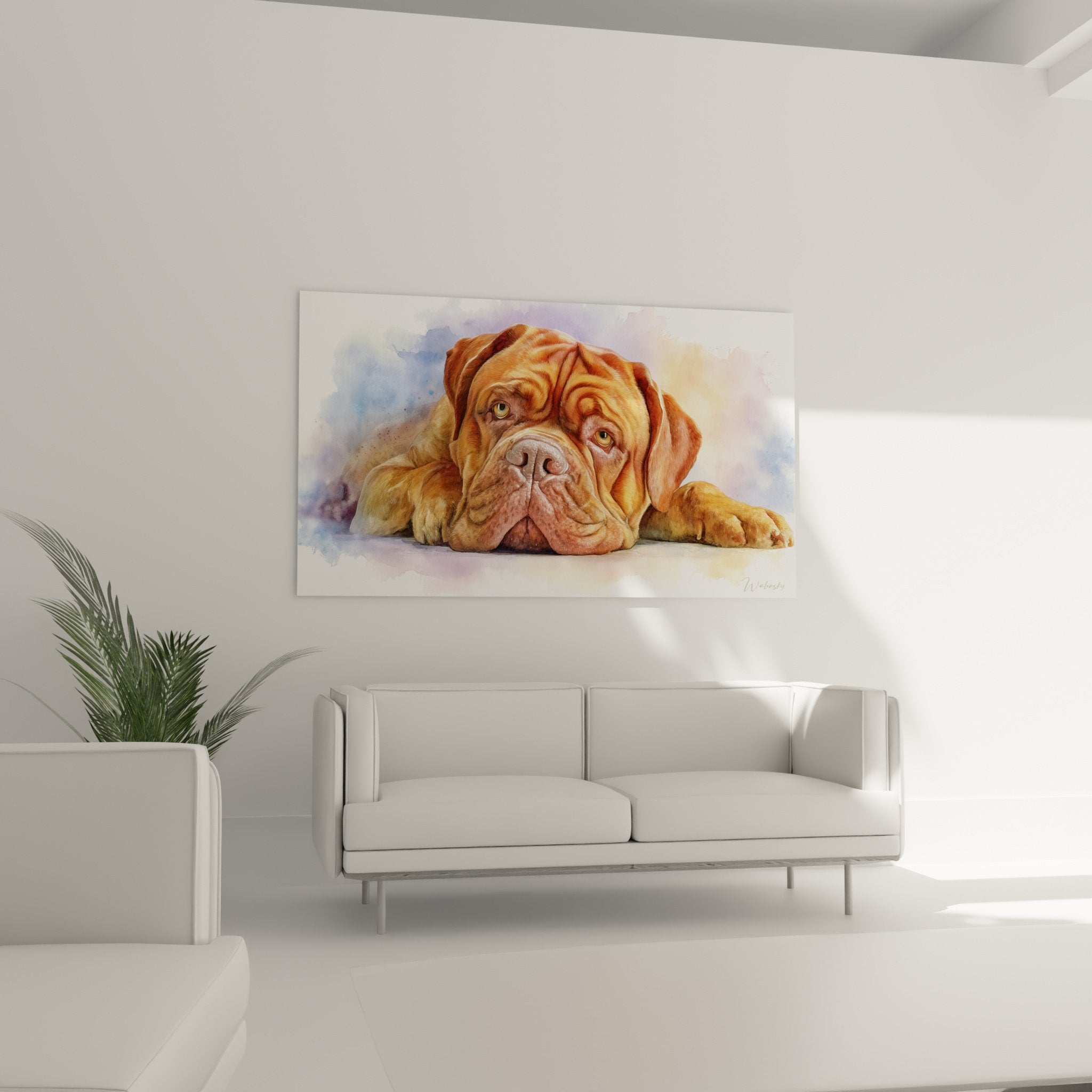 Detail portrait dogue de bordeaux aquarelle montrant yeux dores expressifs et pelage cuivre