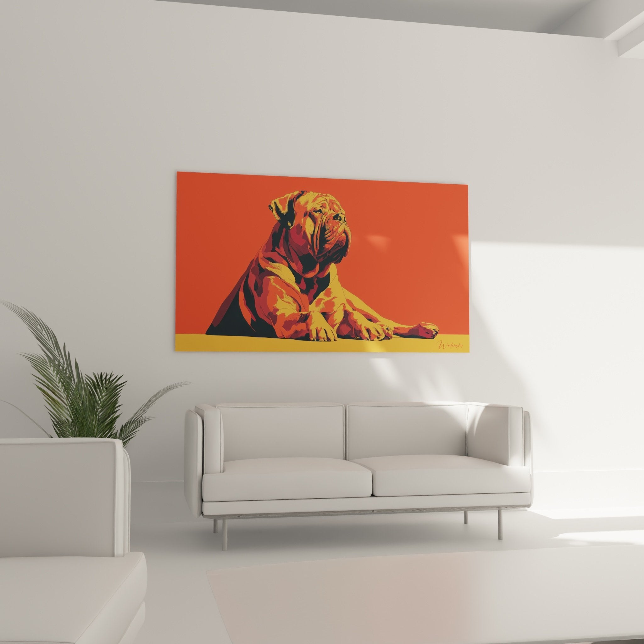 Detailporträt einer Bordeaux-Dogge in lebhaften Rot- und Orangetönen, künstlerische Siebdruck-Technik