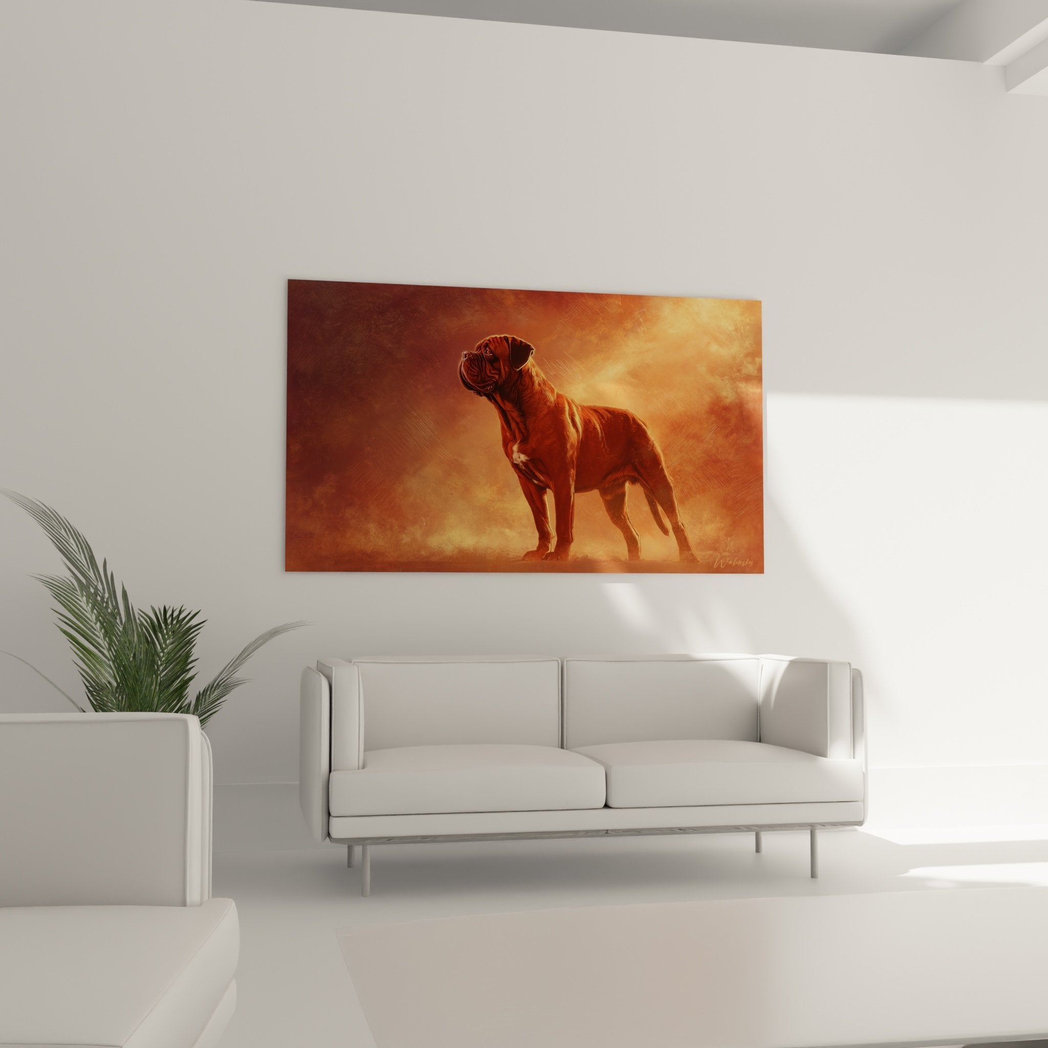 Detailporträt einer Bordeaux-Dogge in goldener Beleuchtung, Kontrast und Schatten, moderne Chiaroscuro-Technik