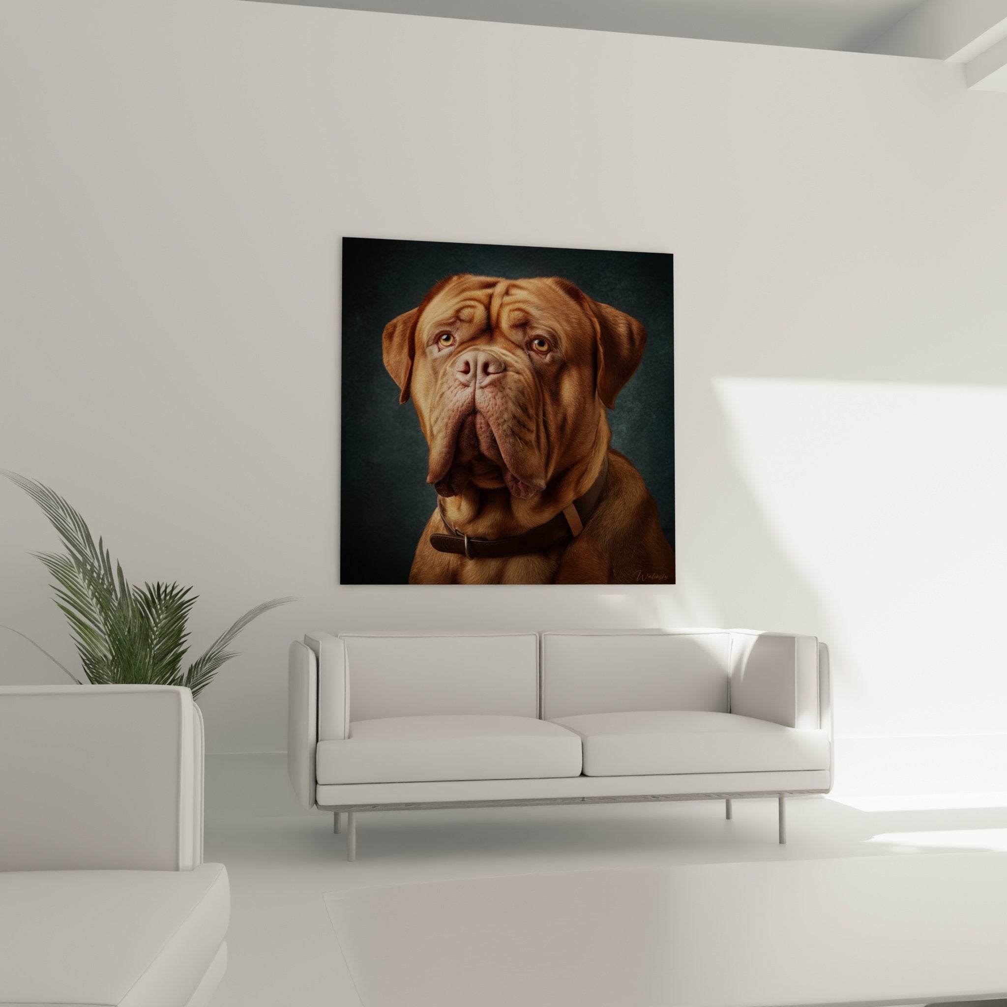 Detailporträt einer Bordeauxdogge mit rostrotem kupferfarbenem Fell, ausdrucksstarken bernsteinfarbenen Augen, realistische Malerei Nahaufnahme