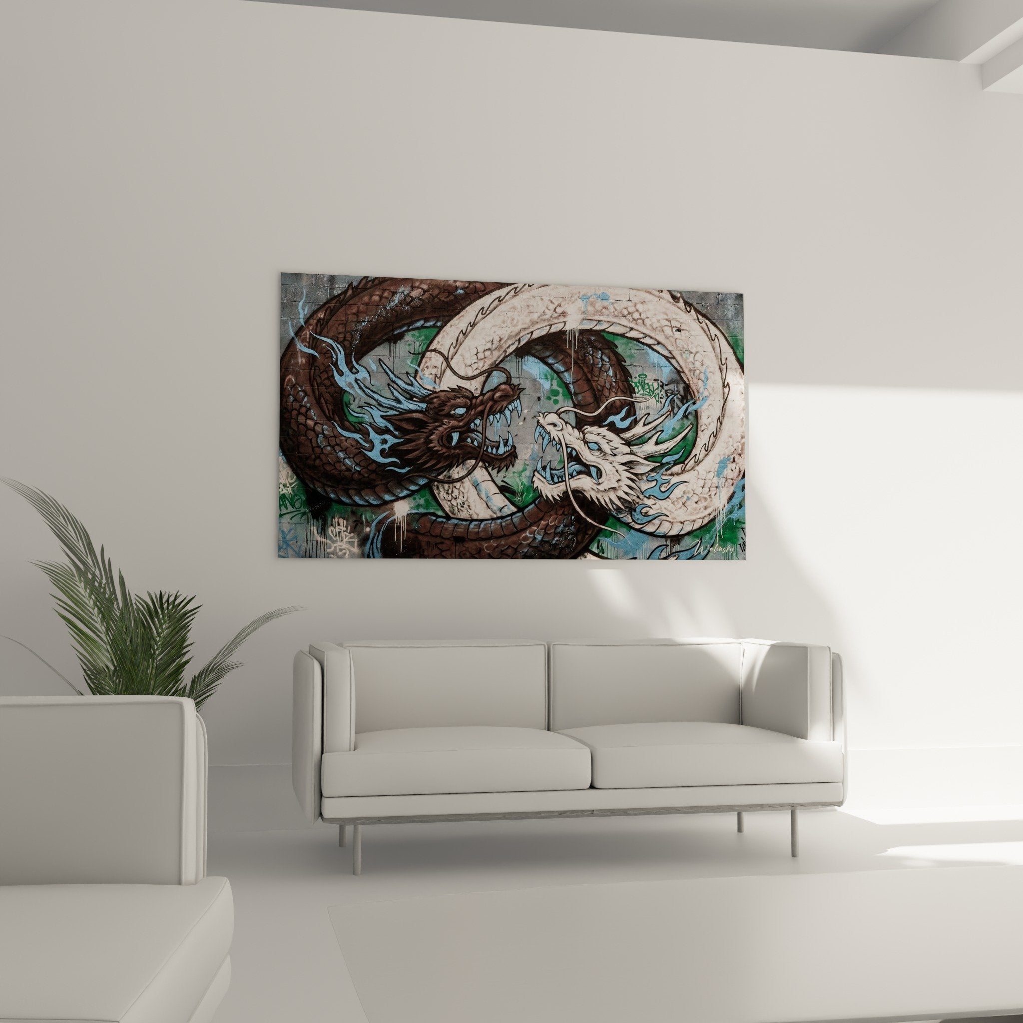 detail dragons entrelaces ecailles textures flammes bleues art urbain moderne yin yang