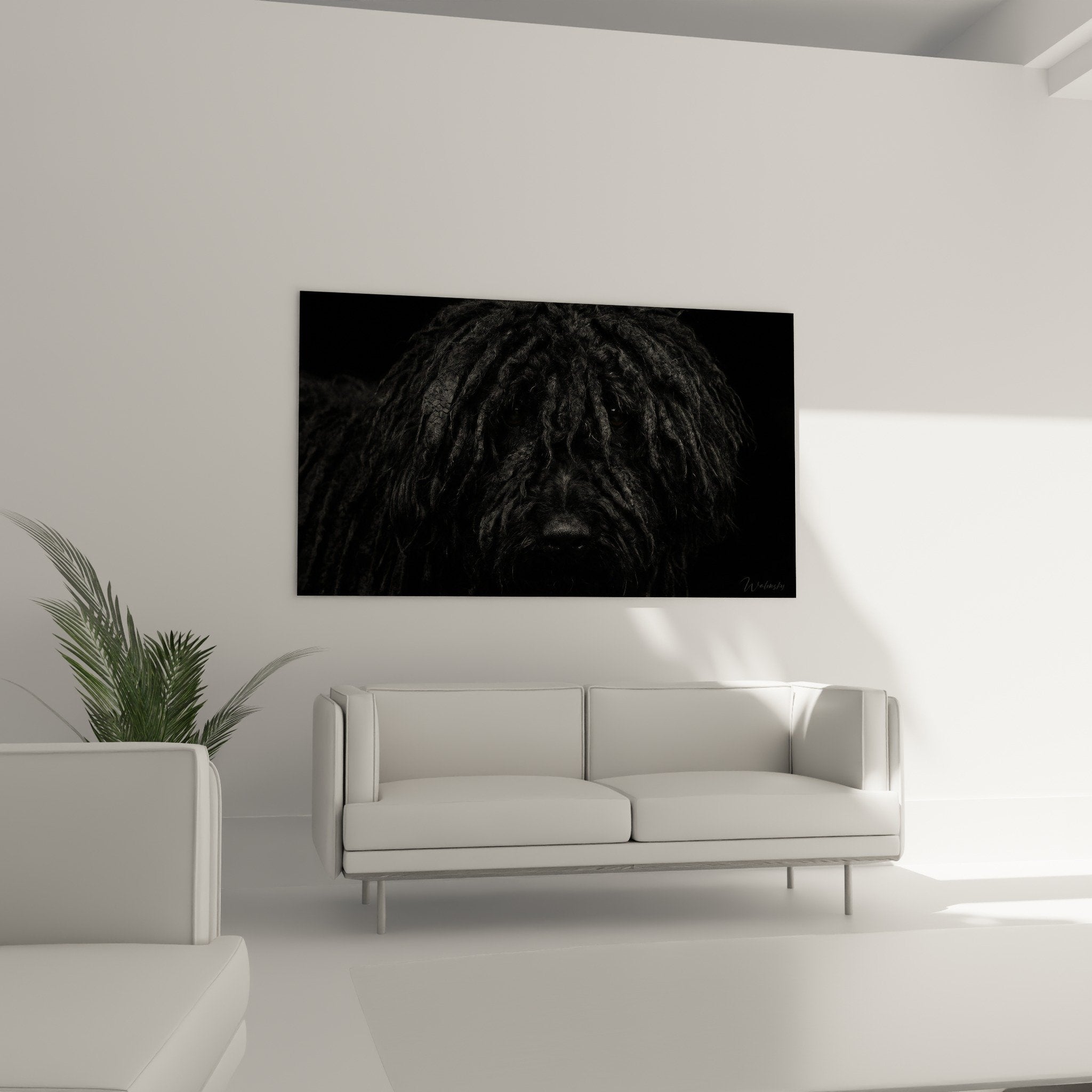 Gros plan sur les dreadlocks texturées et le regard expressif du chien Puli du tableau artistique