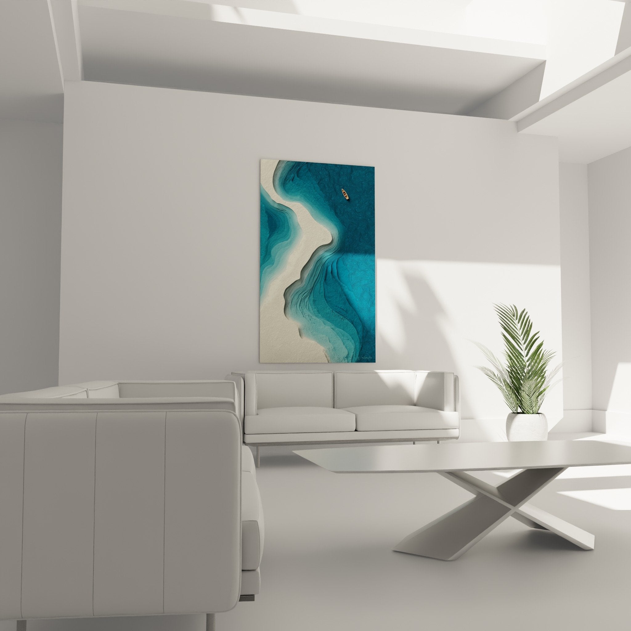 Detailed aerial view wall art turquoise waters organic curved coastline feng shui north water marine texture
