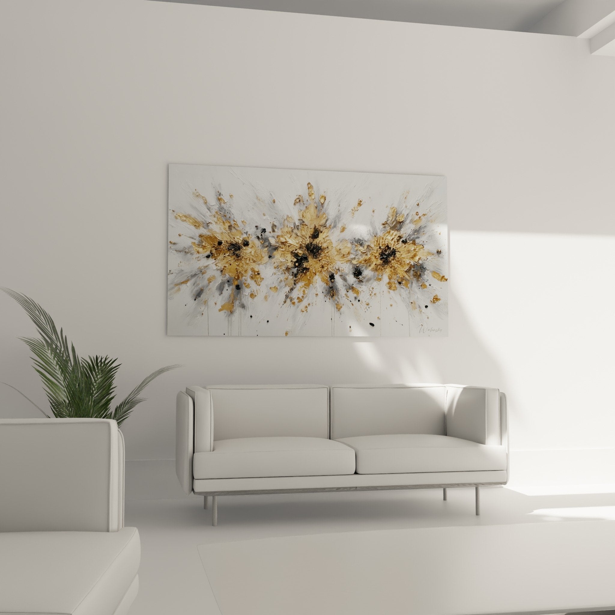 Détail rapproché des éclats dorés et projections noires du tableau abstrait moderne avec effets métalliques