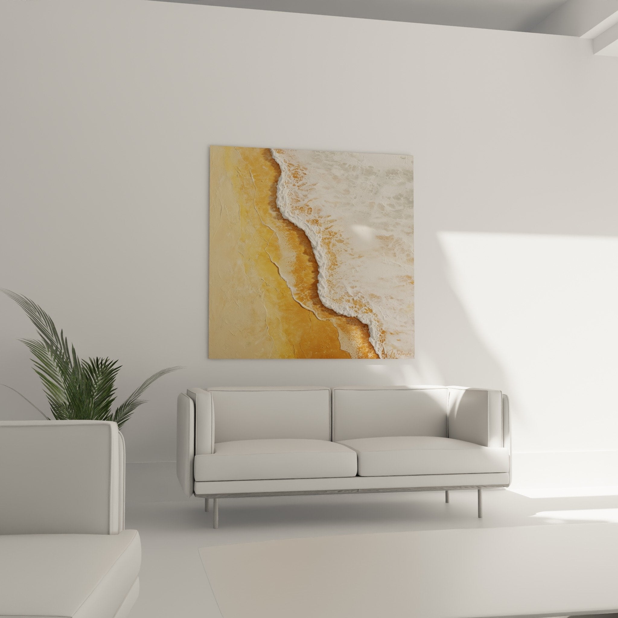 Detail weiße Gischt Welle auf goldenem Sand natürliche Textur Feng-Shui Gemälde Erde-Zentrum Nahaufnahme