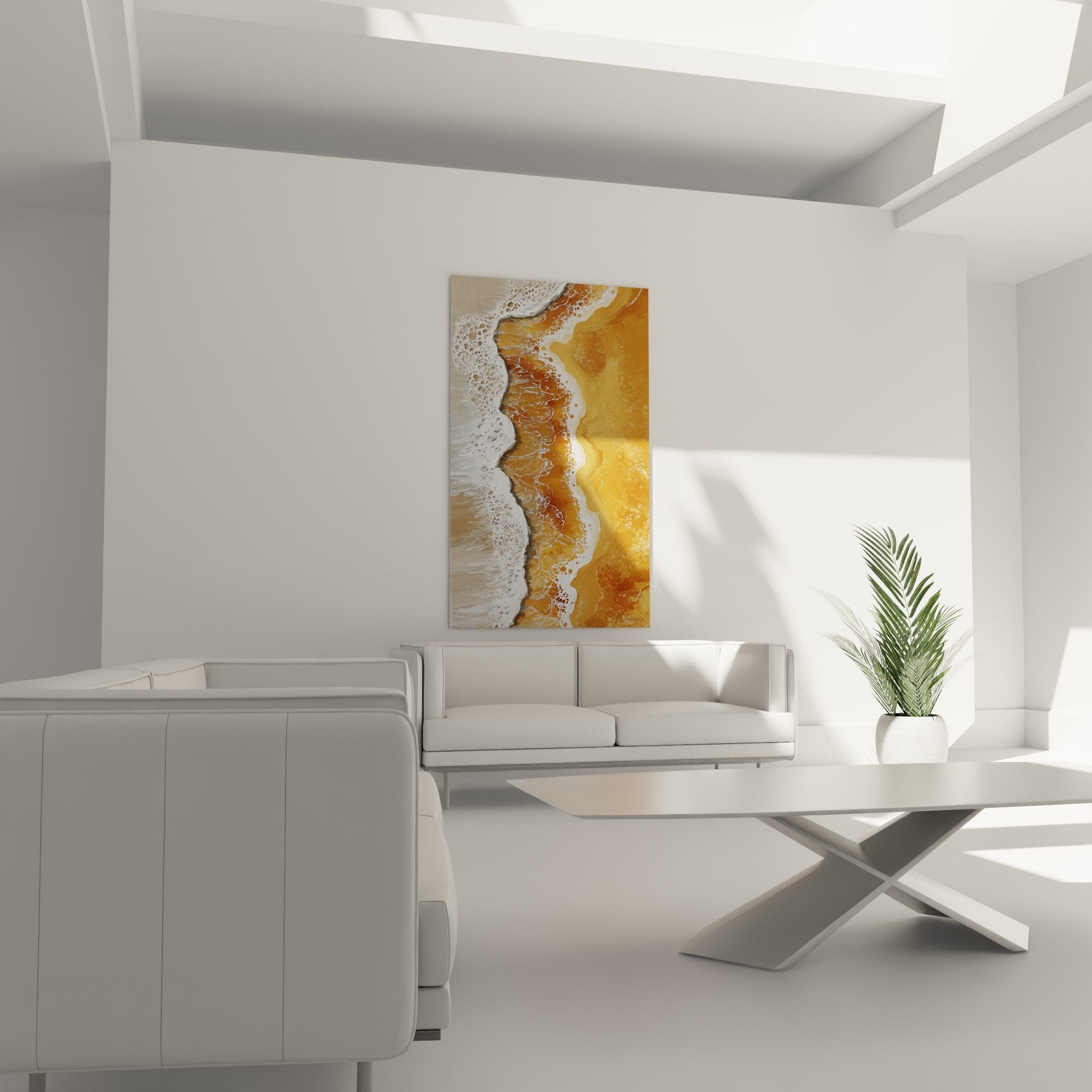Detail weißer Gischt und goldener Sand auf Leinwand, realistische Texturen Feng-Shui-Gemälde Erdmitte