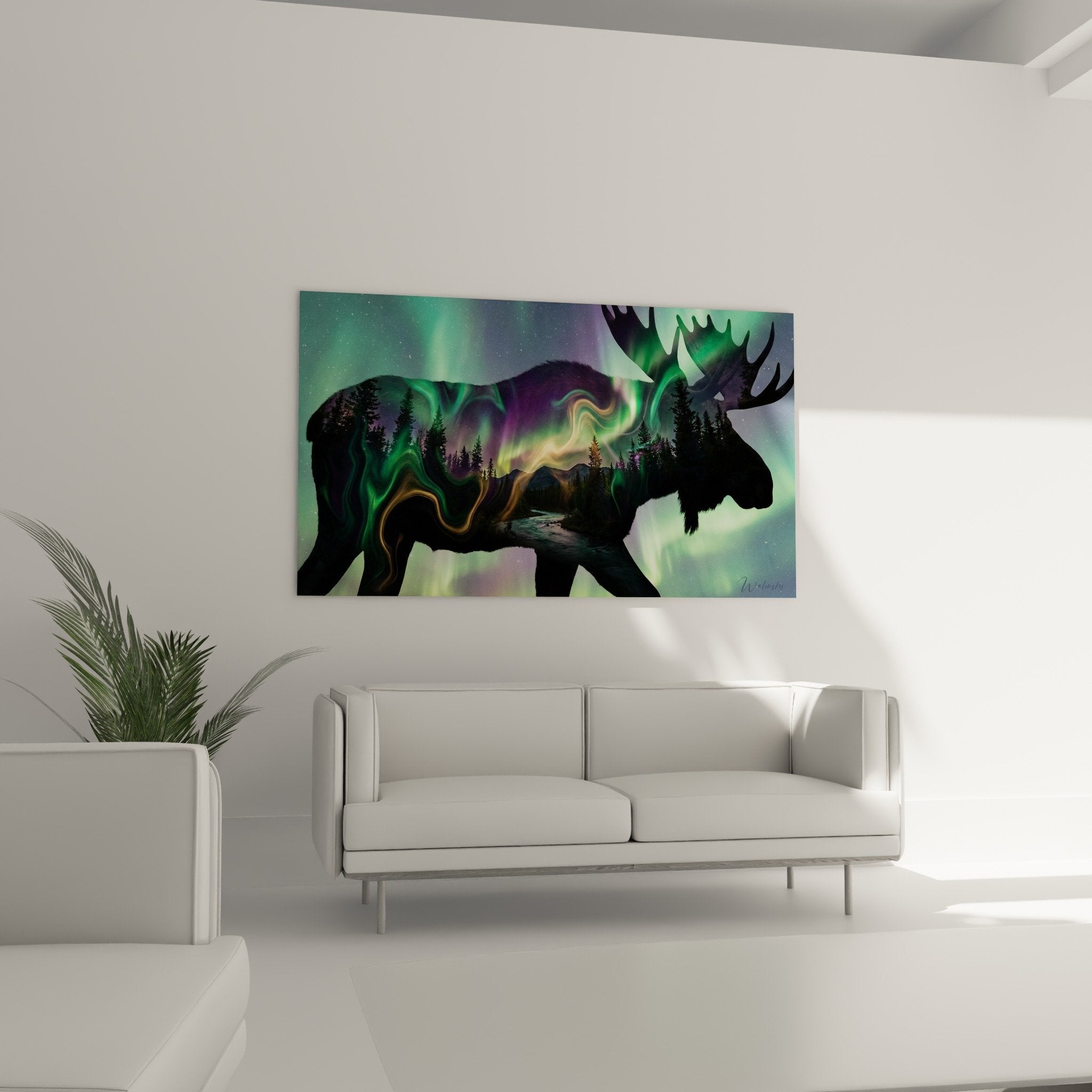 Détail tableau élan double exposition couleurs vertes violettes dorées technique artistique