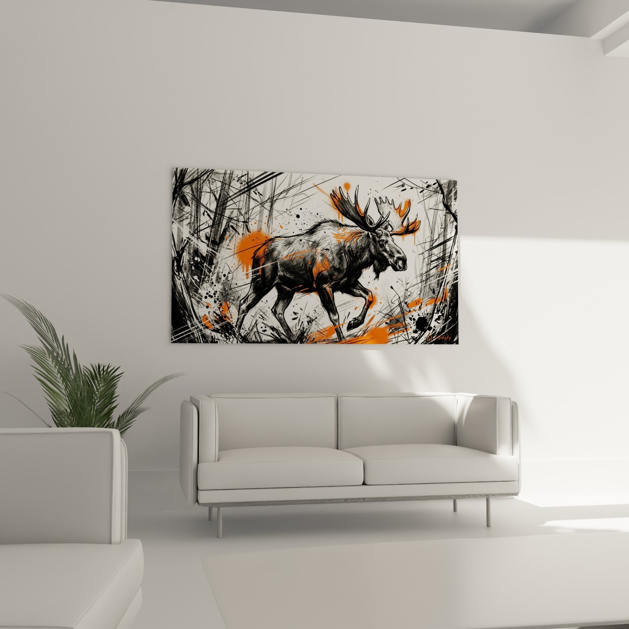 Hirsch-Gemälde Detail - ausdrucksstarke Kohlestriche, verzweigte Holzstrukturen und orange Farbspritzer auf monochromen Hintergrund