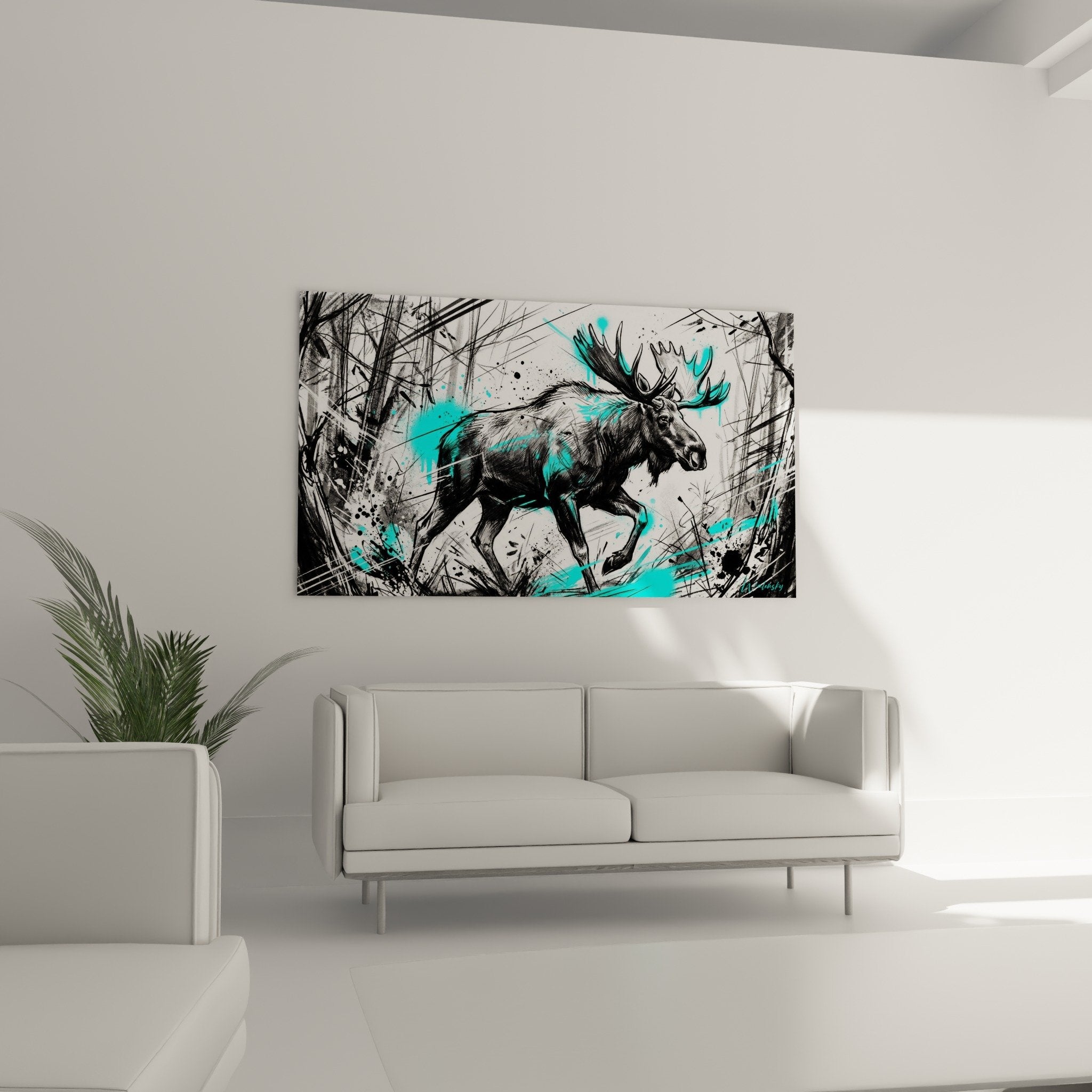 Detailaufnahme Gemälde Elch Geweih schwarz mit türkisen Tintenspritzern Mischtechnik zeitgenössische Kunst