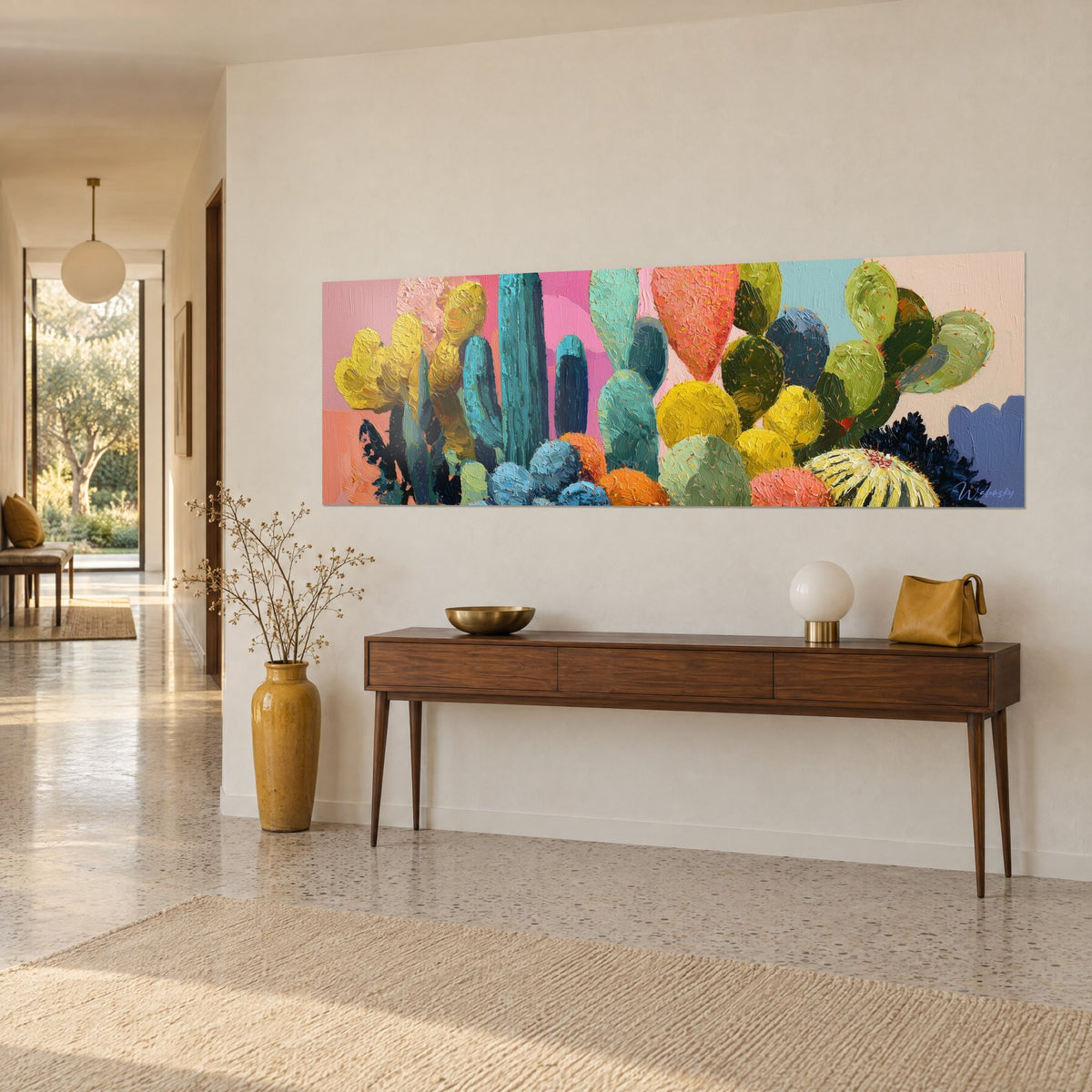 Tableau oasis de cactus corail, vert olive et bleu ardoise, touches de peinture à l'huile, sur console en bois, entrée claire