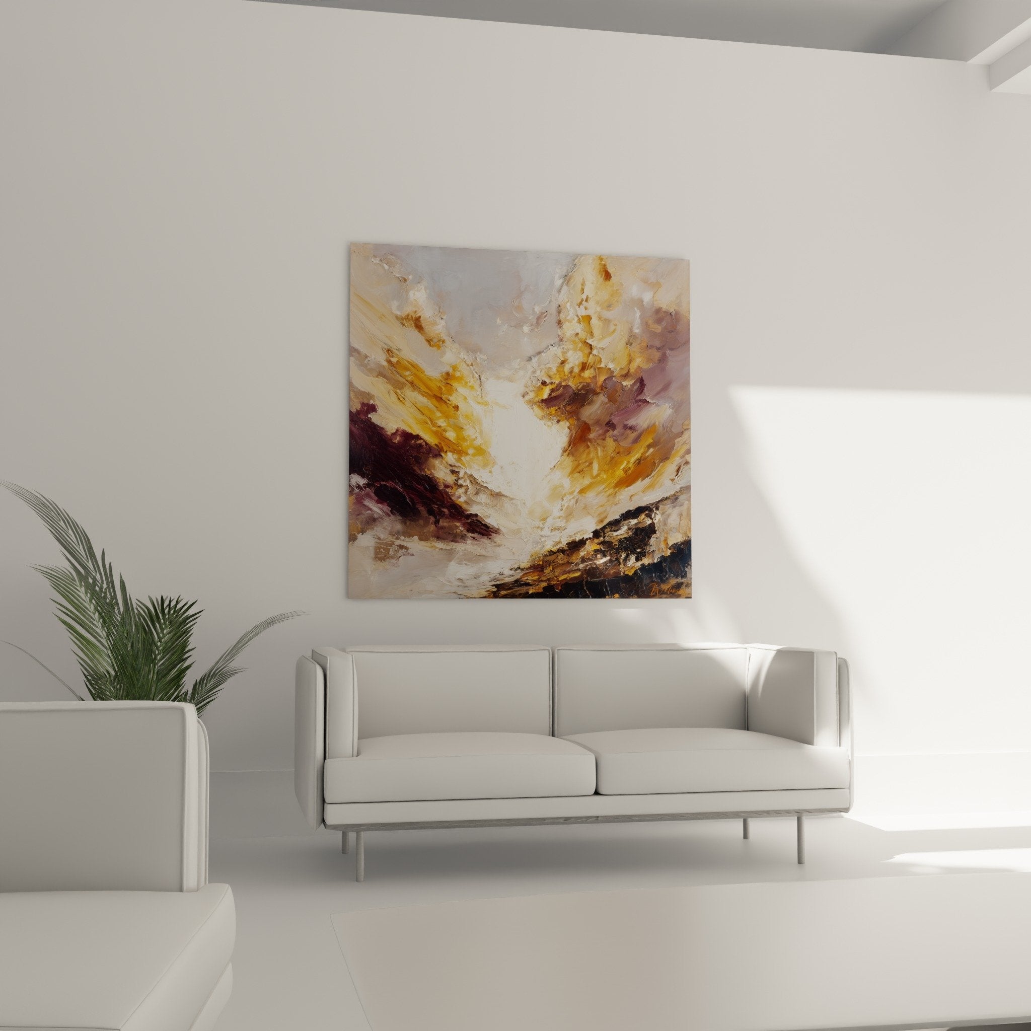 Abstract painting detail with golden clouds impasto texture embossed brushstrokes expressive light