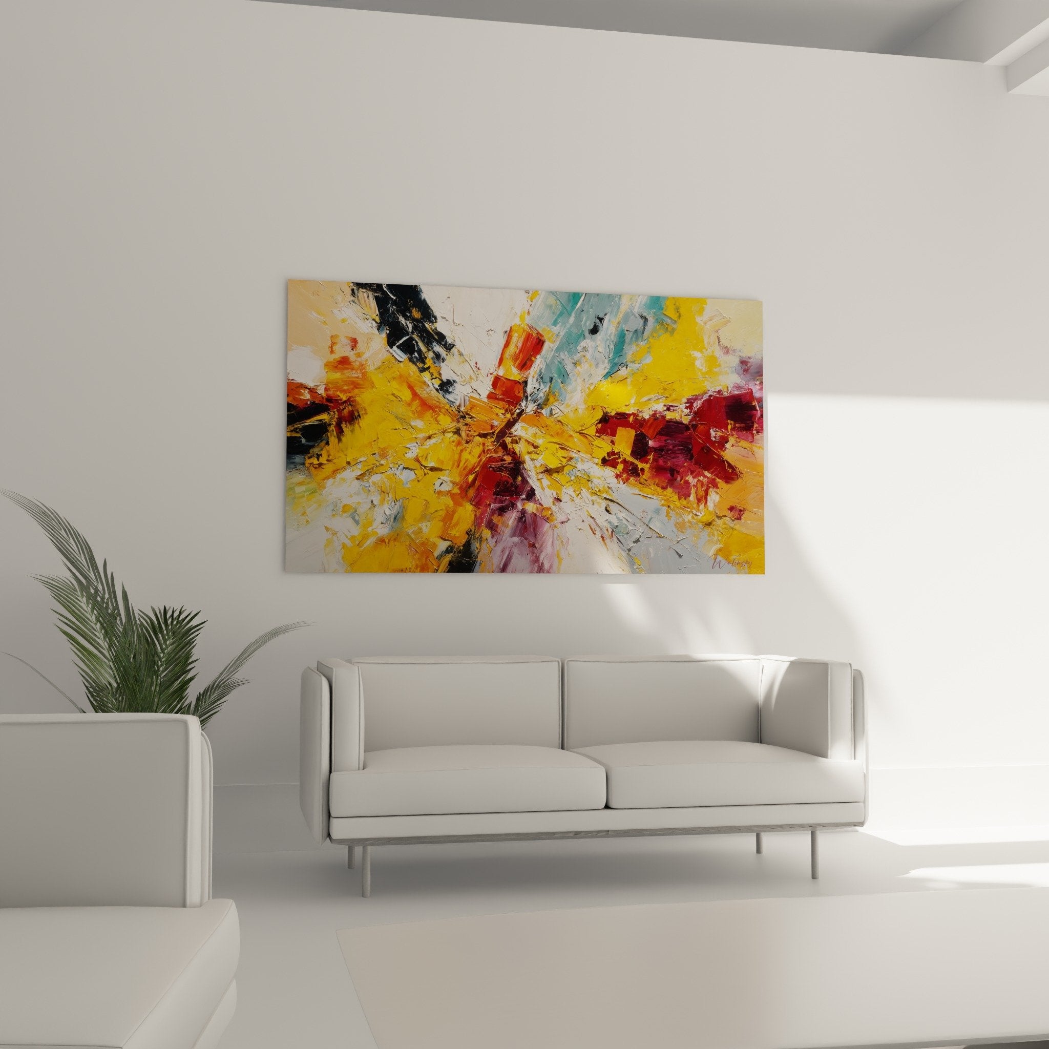 Close-up detail of colorful impasto and painterly textures of the expressive abstract painting