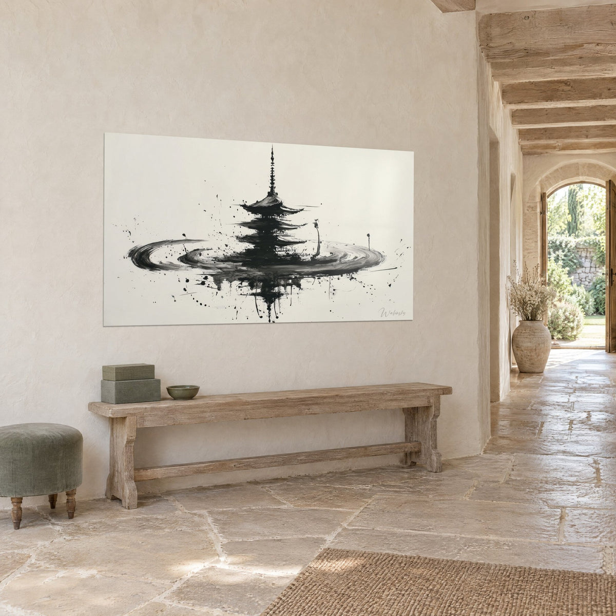 Schilderij Japanse tempel en zijn spiegeling in zwarte inkt, cirkelvormige grijze golven op crèmekleurige achtergrond, stenen muur, gewelfde gang