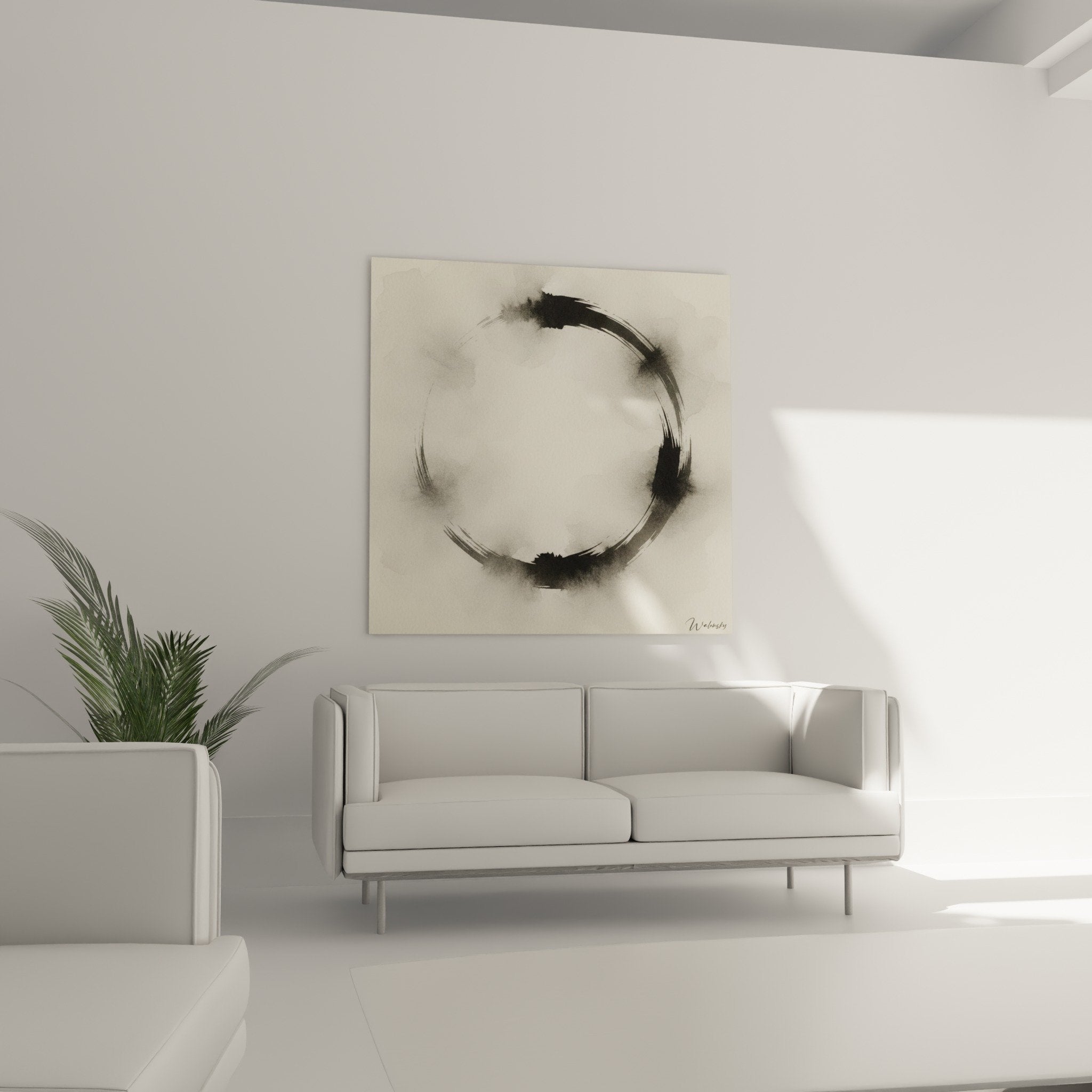Détail texture encre noire et éclaboussures organiques sur toile beige - art zen contemplatif Enso