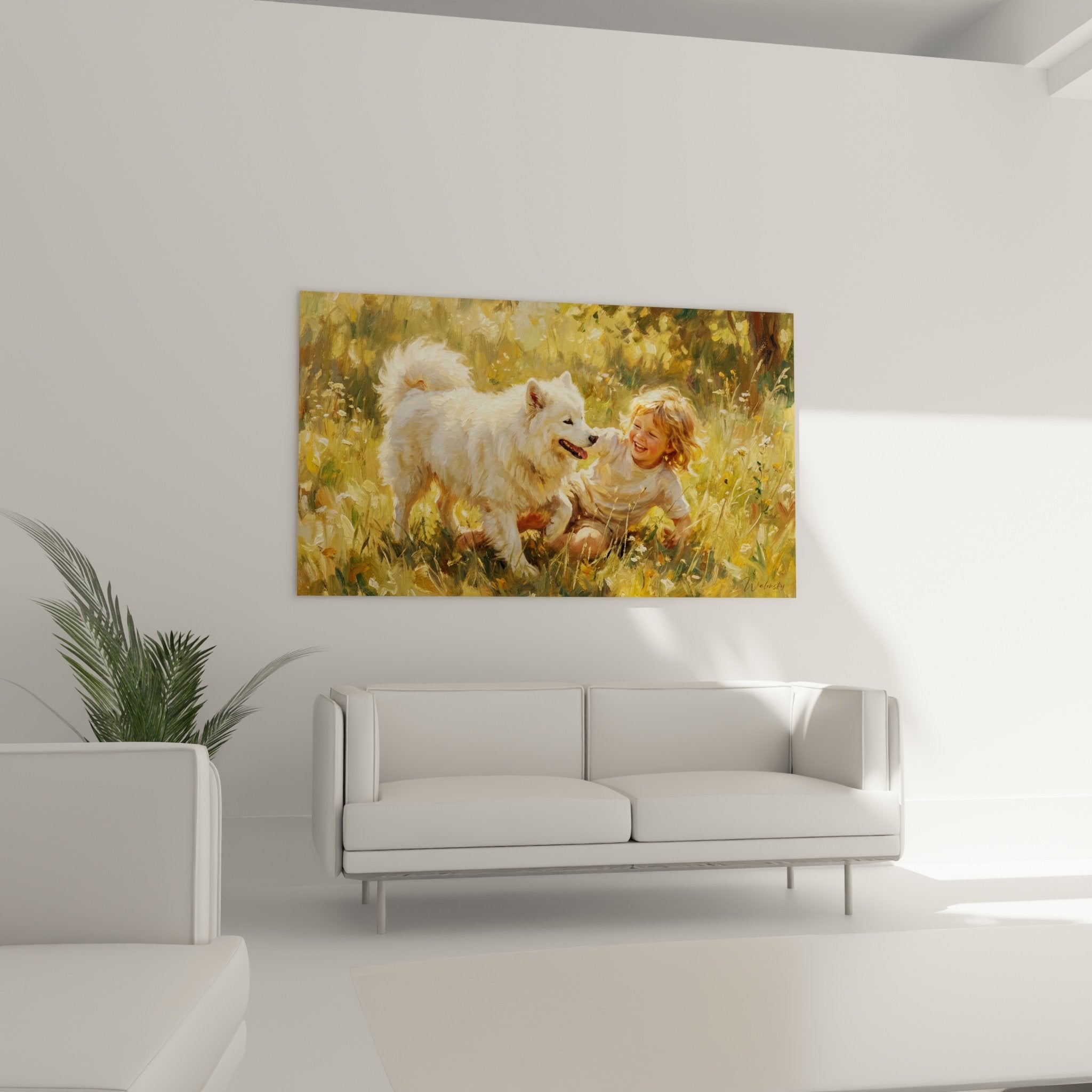 Detail tableau enfant caressant samoyede blanc pelage realiste tons dores peinture impressionniste