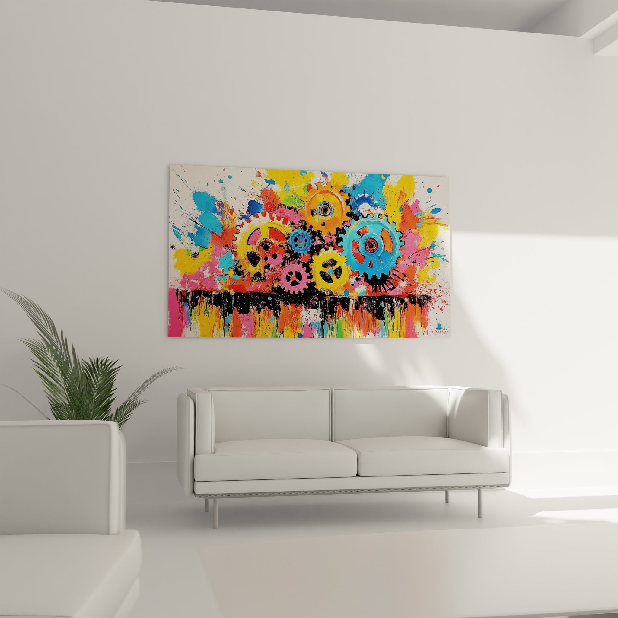 Gros plan détail engrenages colorés orange bleu rose tableau art industriel