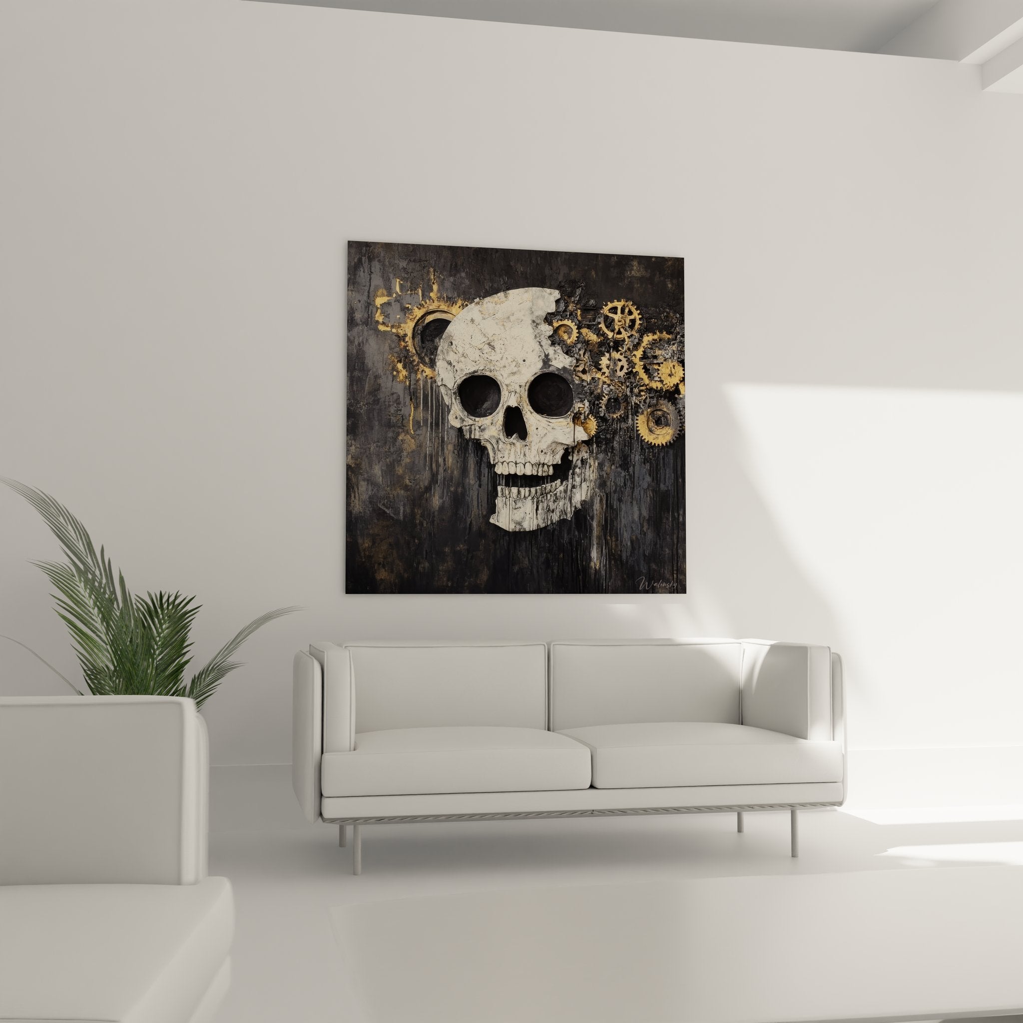 Gros plan détail engrenages dorés mécaniques sortant du crâne blanc art steampunk macabre