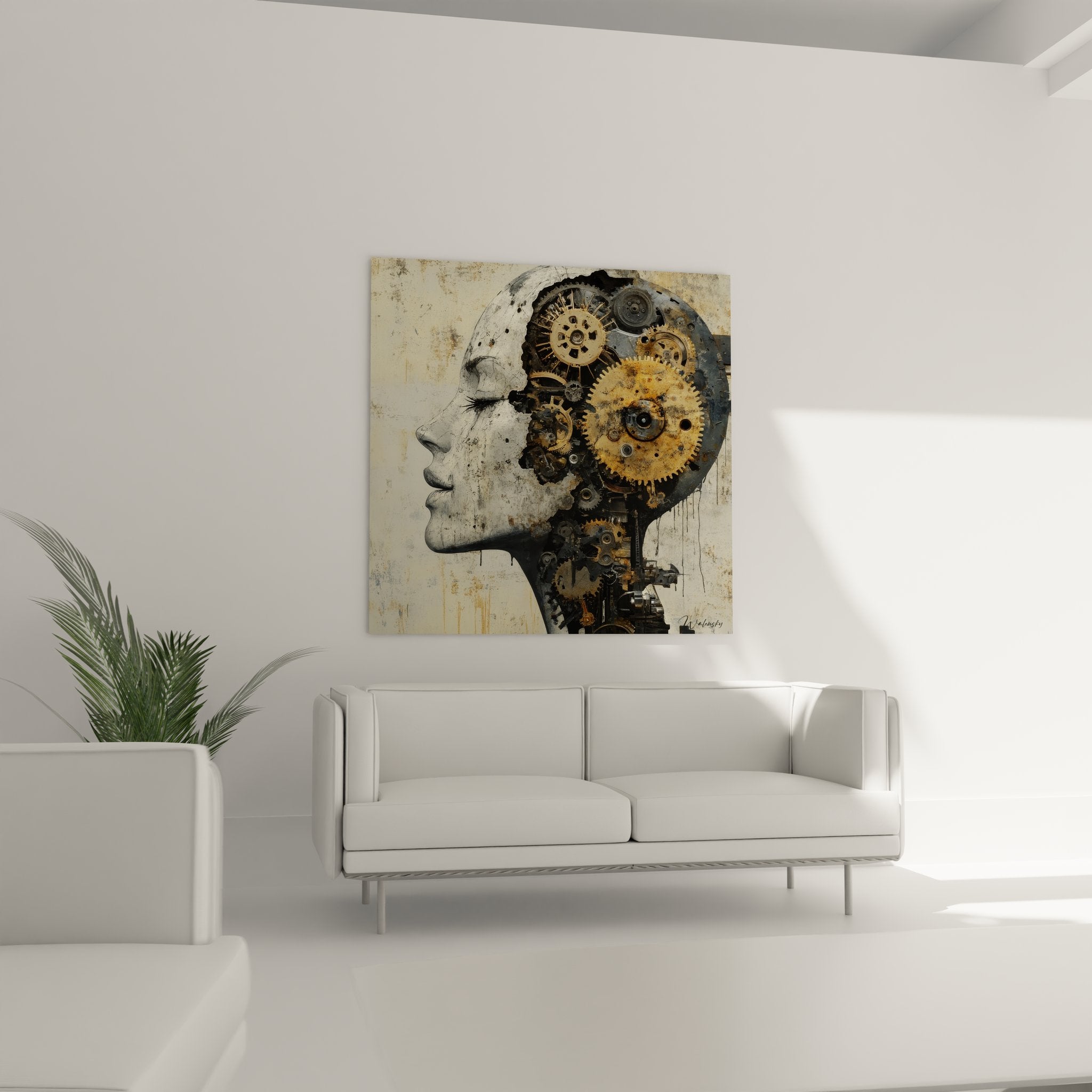 Détail gros plan engrenages dorés mécanisme cérébral tableau steampunk textures métalliques