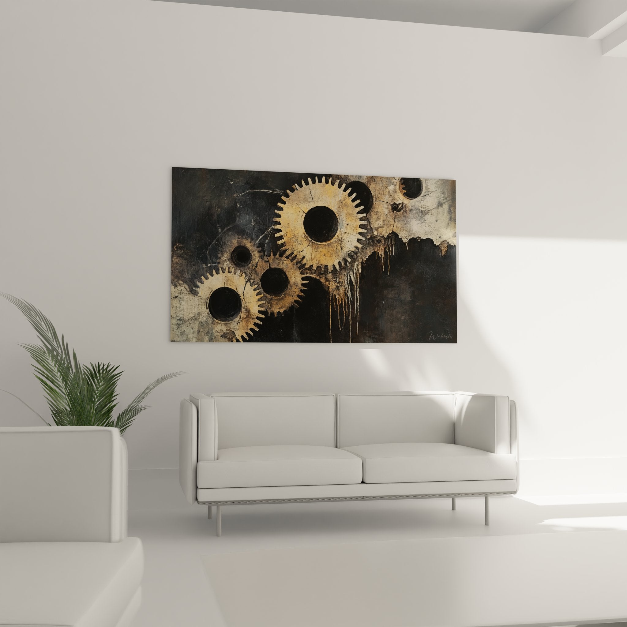 Gros plan détaillé des engrenages mécaniques dorés et texture patinée du tableau industriel