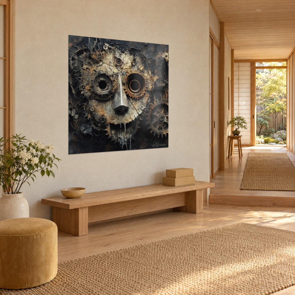 Schilderij schrootmasker met okerkleurige en bronzen tandwielen, donkere oogkassen en zwarte druipsporen, driekwart zicht in een japandi-gang