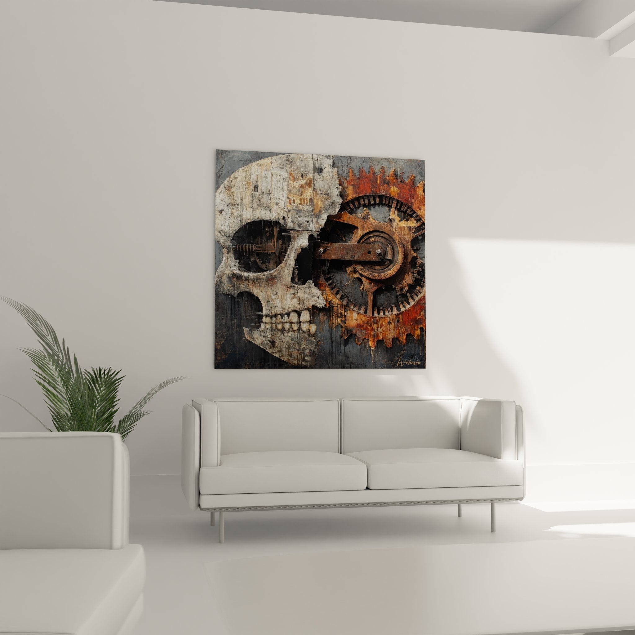 Détail gros plan engrenages rouillés crâne mécanique tableau art industriel texture métal