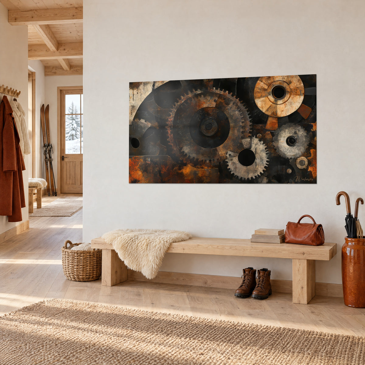 Wall art of industrial machinery with ochre and gunmetal gears, three-quarter view, above a light wooden chalet bench