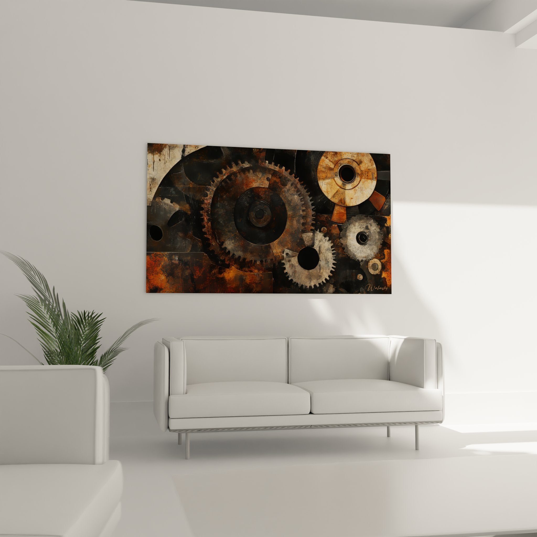 Gros plan détail engrenages rouillés tableau art industriel textures métalliques patinées