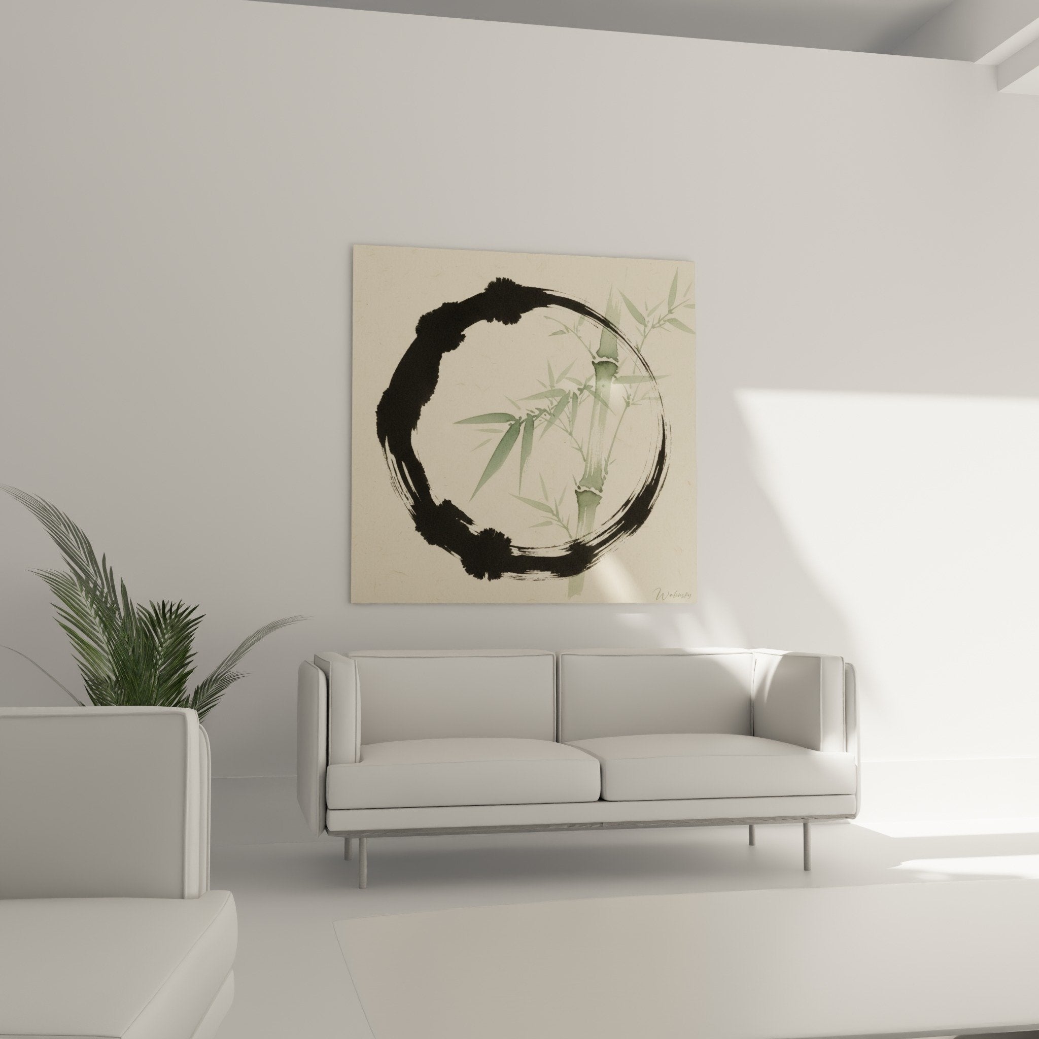 Détail tableau Enso montrant pinceau noir expressif et feuilles bambou vert délicat