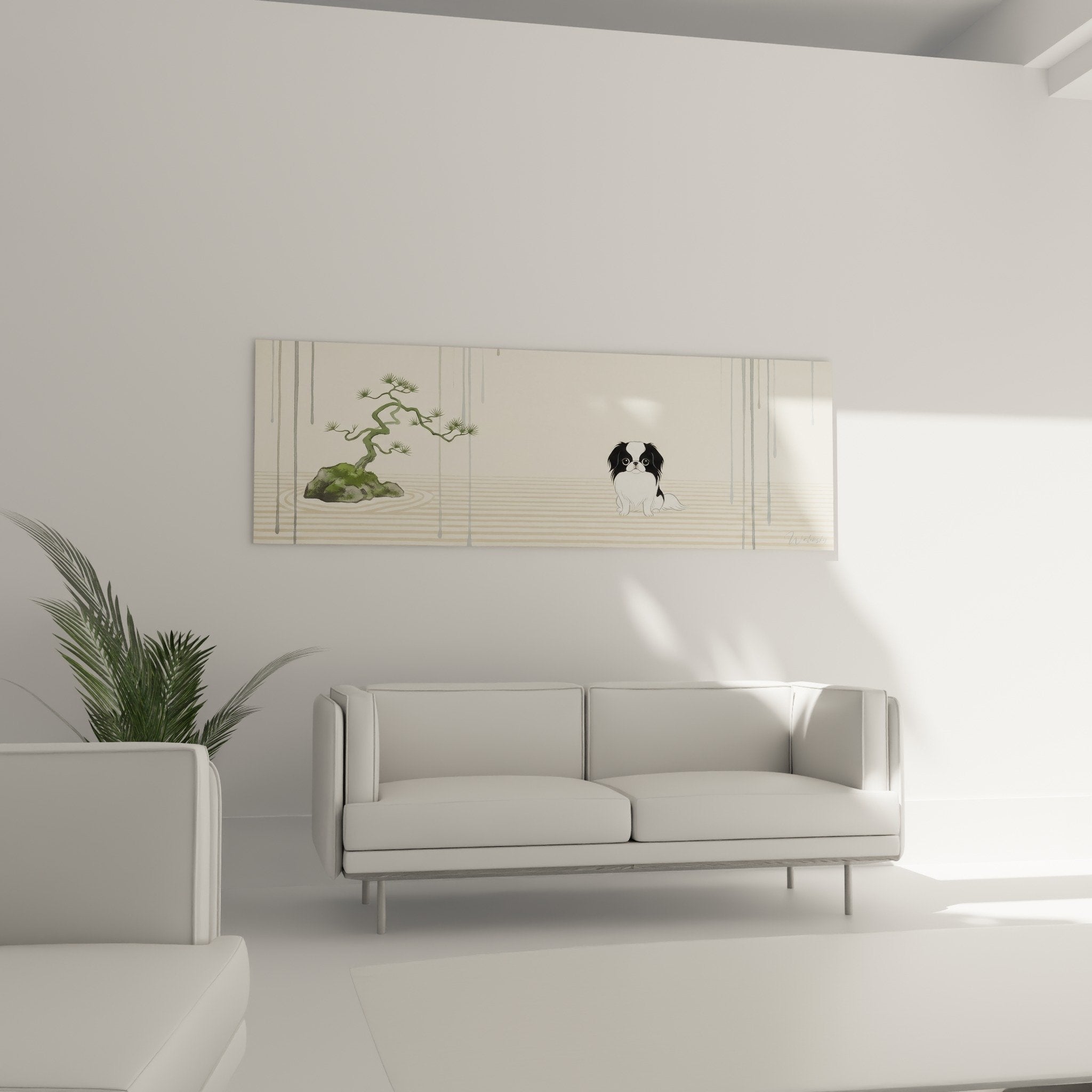 Detail of Japanese Spaniel black and white coat painting with delicate bonsai branches on tatami