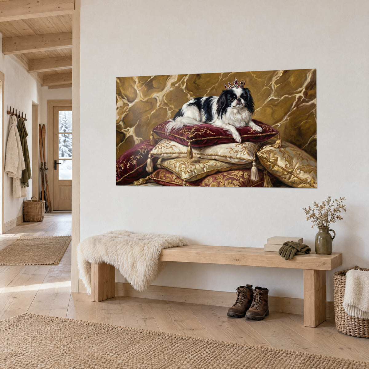Schilderij Koninklijke hond met robijnen diadeem, goudkleurig marmer met witte aders en geborduurd rood fluweel, entree van een chalet in licht hout