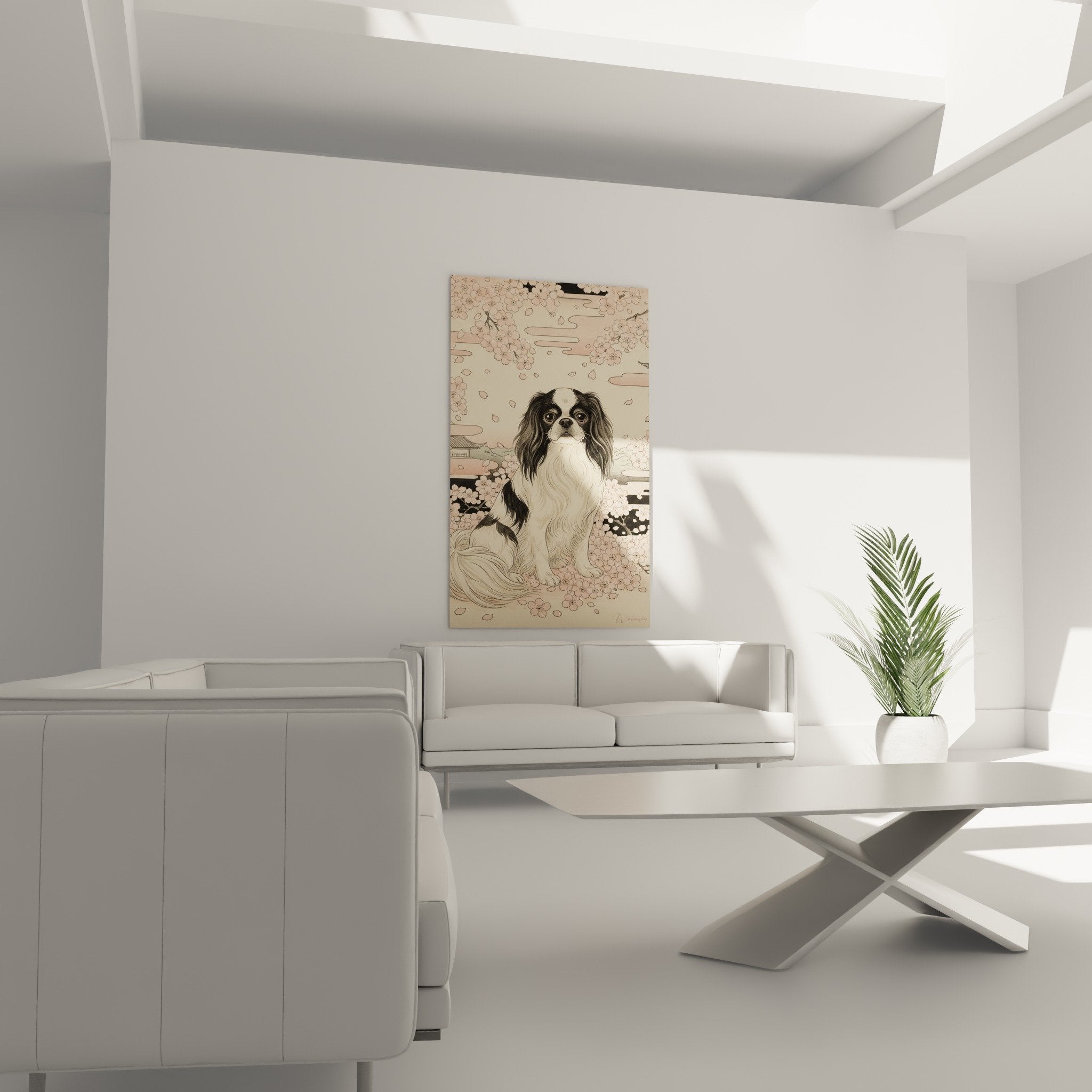 Japanese Spaniel black and white coat cherry blossom petals pink Japanese style wall art detail