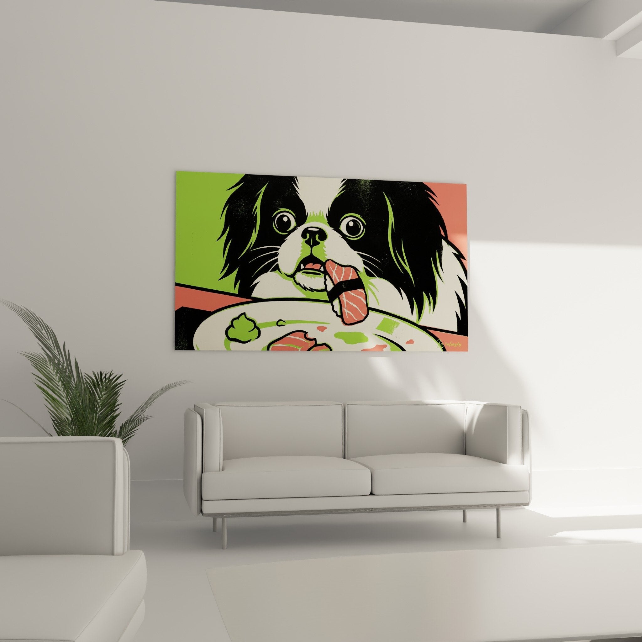 Detail Gemälde Japanischer Spaniel mit ausdrucksstarken Augen rosafarbener Zunge, Pop-Art-Technik lebendige Farben scharfe Konturen